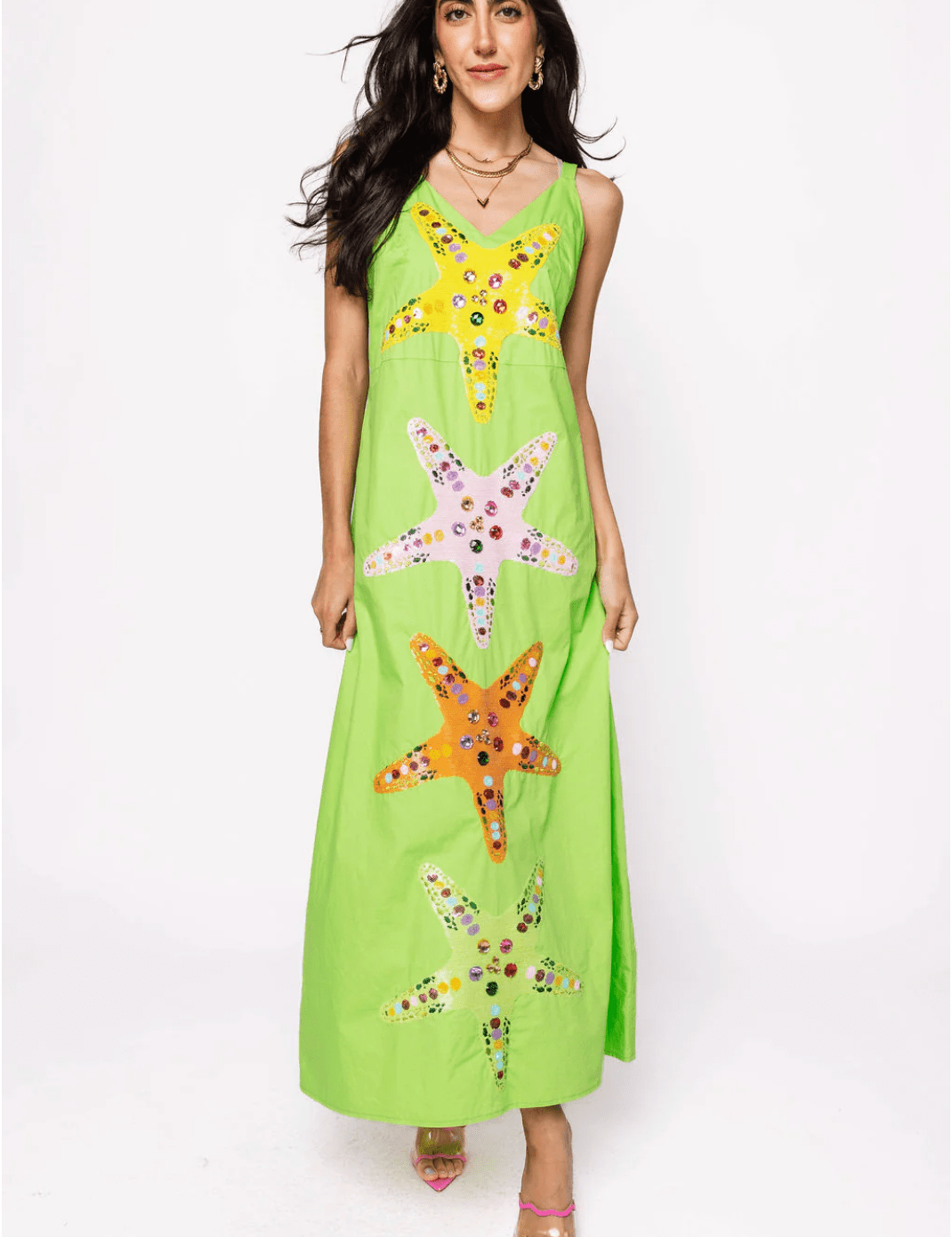 Lime Green Multi Star Fish Midi Cotton DressHeartland Retail ItemsQueen of SparklesThe Printed Peach Savannah