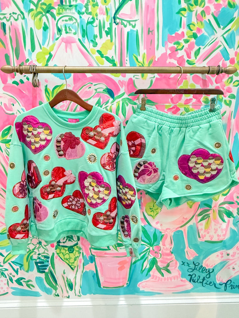 Mint Green Velvet Chocolate Boxes SweatshirtHeartland Retail ItemsQueen of SparklesThe Printed Peach Savannah