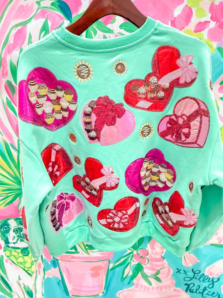 Mint Green Velvet Chocolate Boxes SweatshirtHeartland Retail ItemsQueen of SparklesThe Printed Peach Savannah