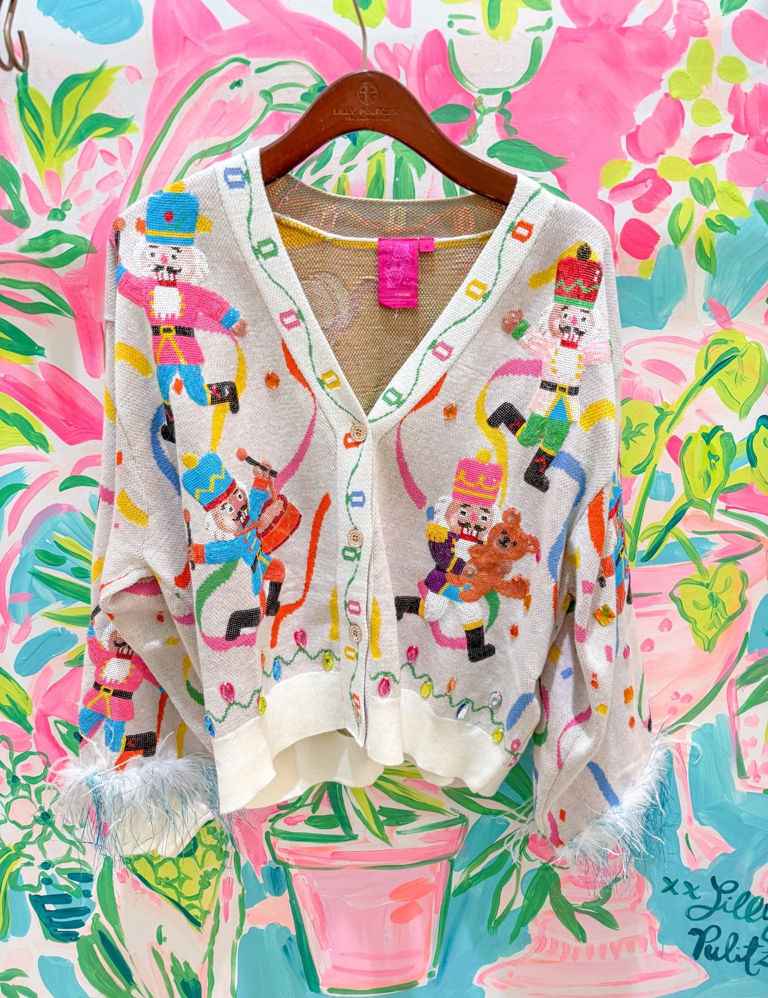Multi Drumming Nutcracker Button Up Feather Sleeve CardiganLILLY PULITZERThe Printed Peach Savannah