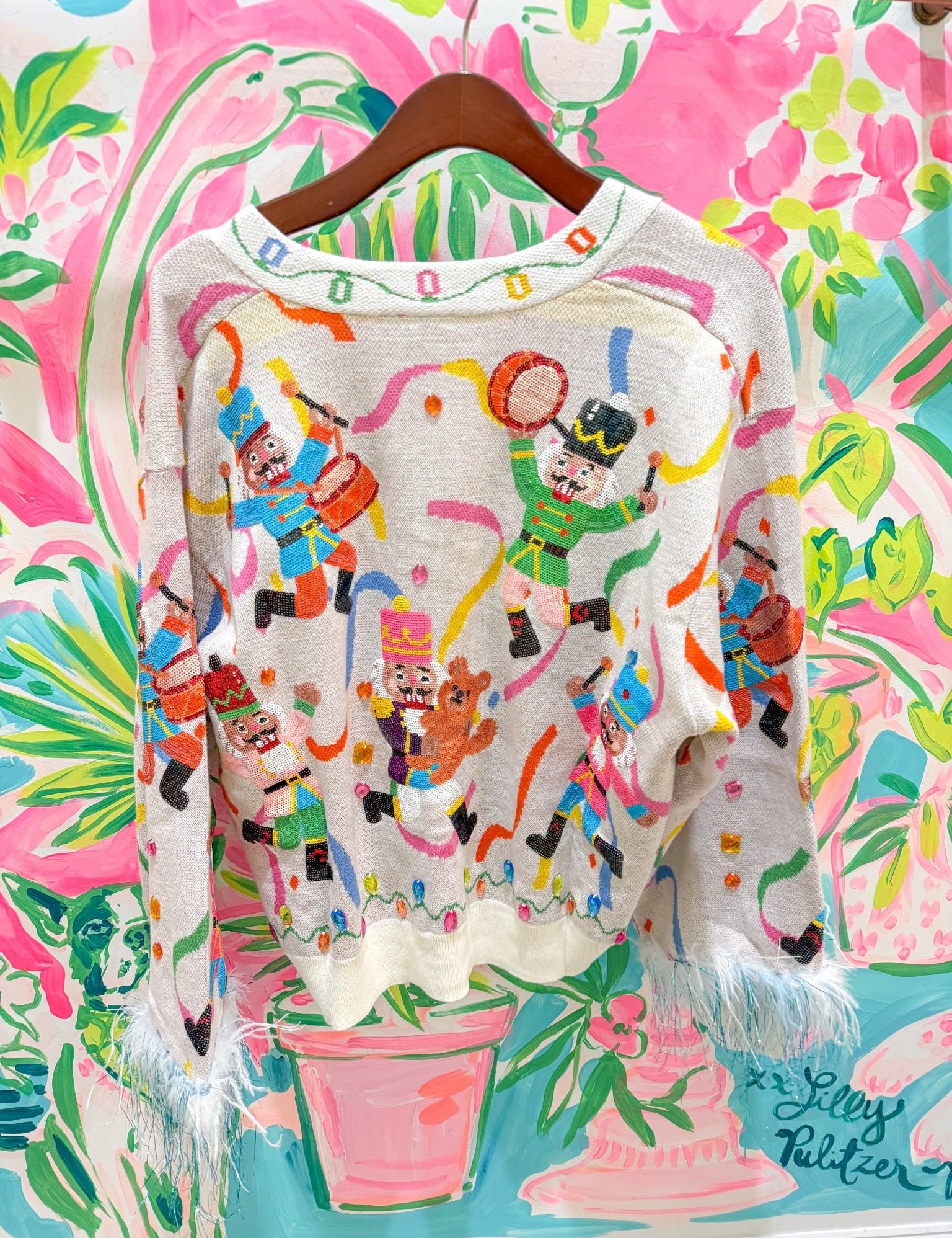 Multi Drumming Nutcracker Button Up Feather Sleeve CardiganLILLY PULITZERThe Printed Peach Savannah