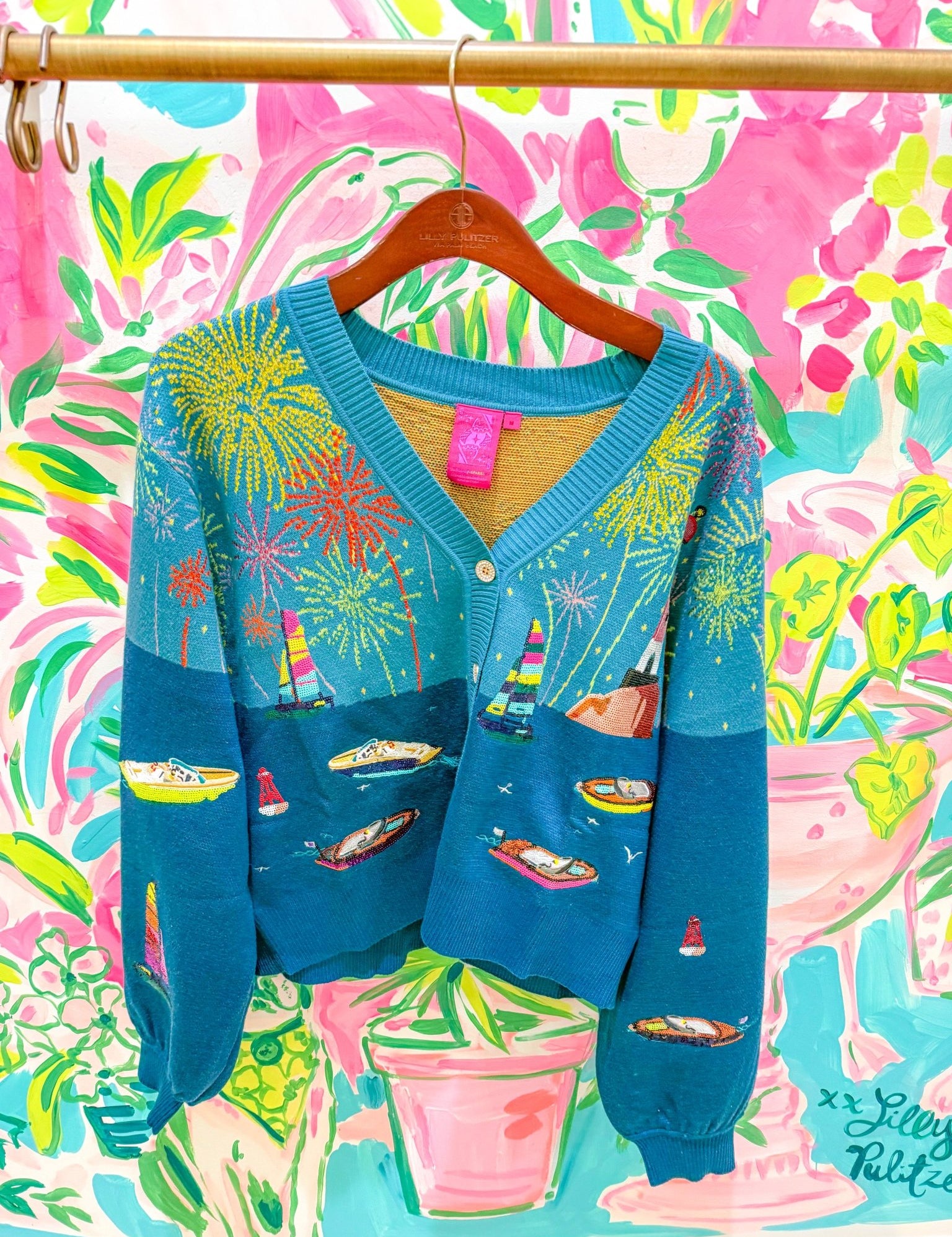 Multi Firework Over Boat Knit CardiganQueen of SparklesThe Printed Peach Savannah