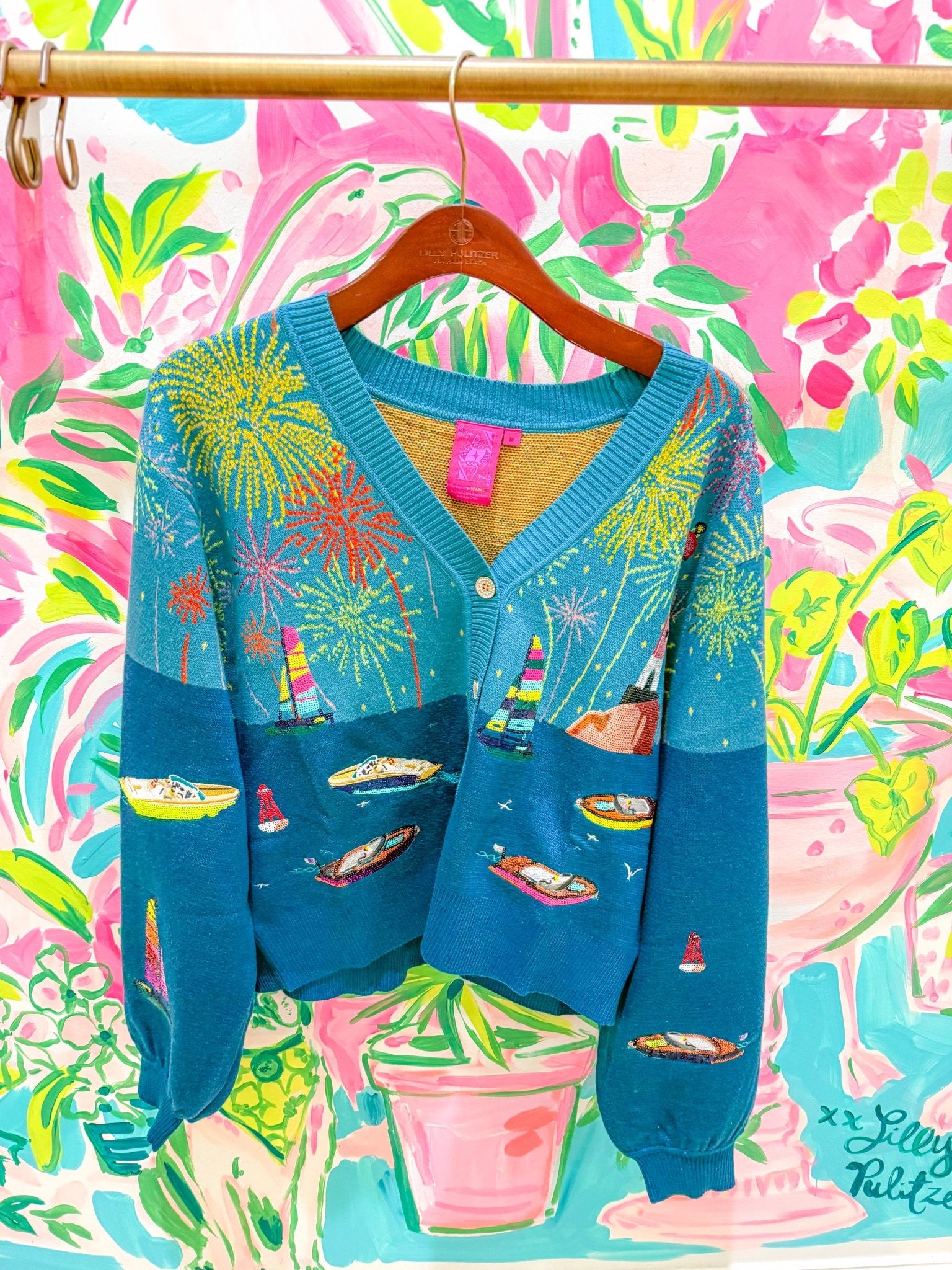 Multi Firework Over Boat Knit CardiganQueen of SparklesThe Printed Peach Savannah