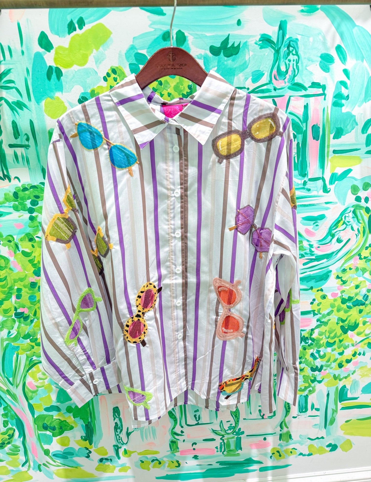 Multi Stripe Sunglasses Cotton Button Up TopQueen of SparklesThe Printed Peach Savannah