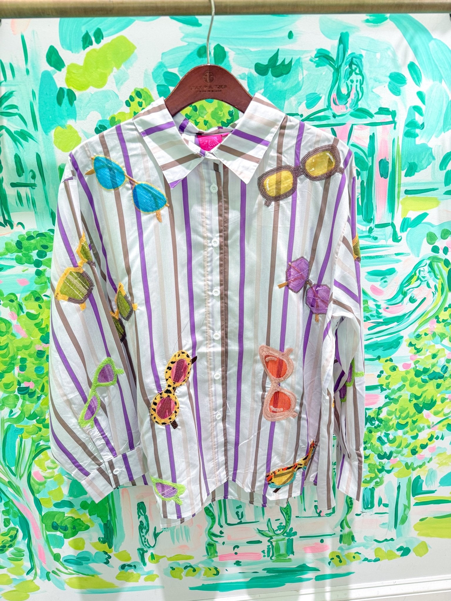 Multi Stripe Sunglasses Cotton Button Up TopQueen of SparklesThe Printed Peach Savannah