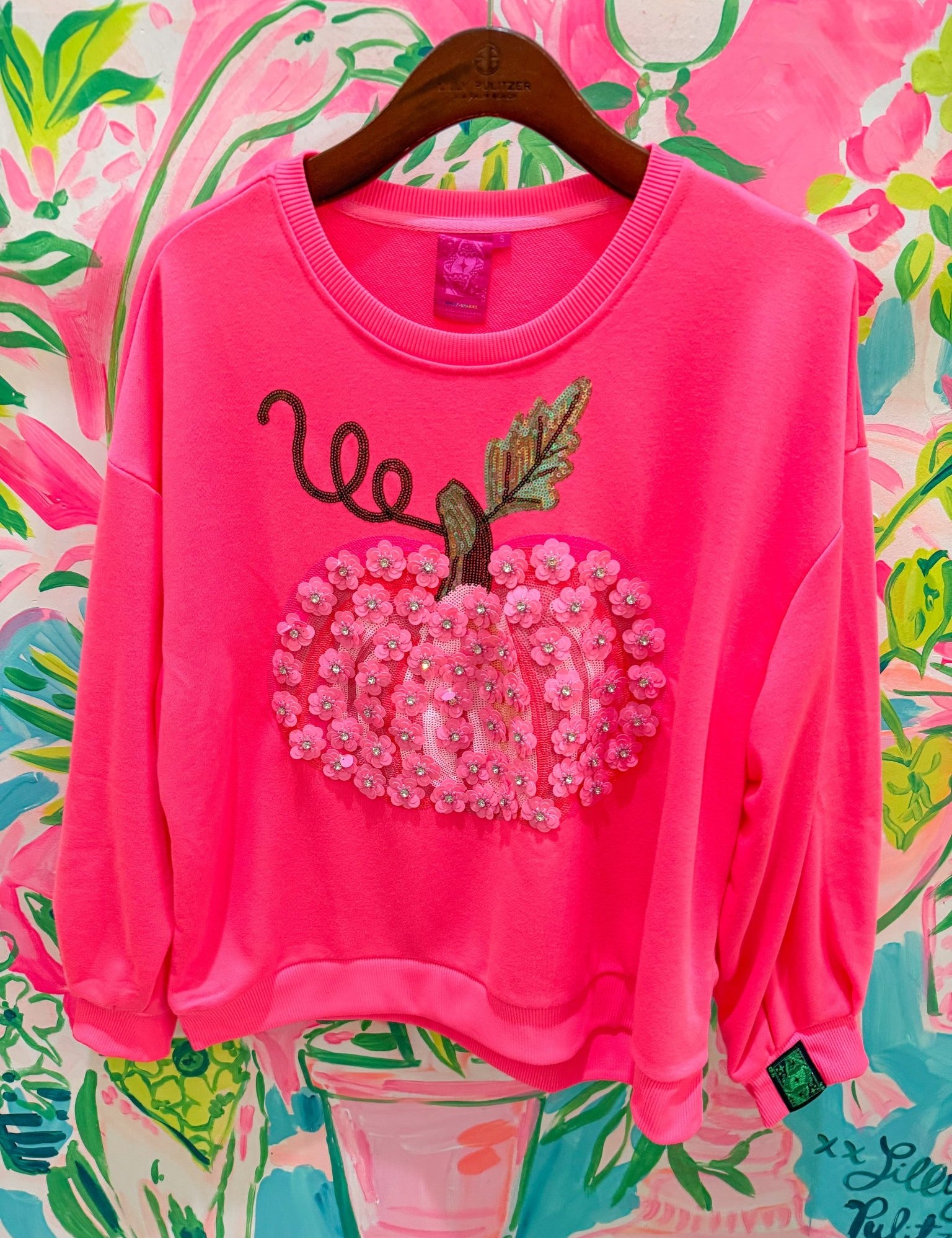 Neon Pink Flower Sequin Pumpkin SweatshirtQueen of SparklesThe Printed Peach Savannah