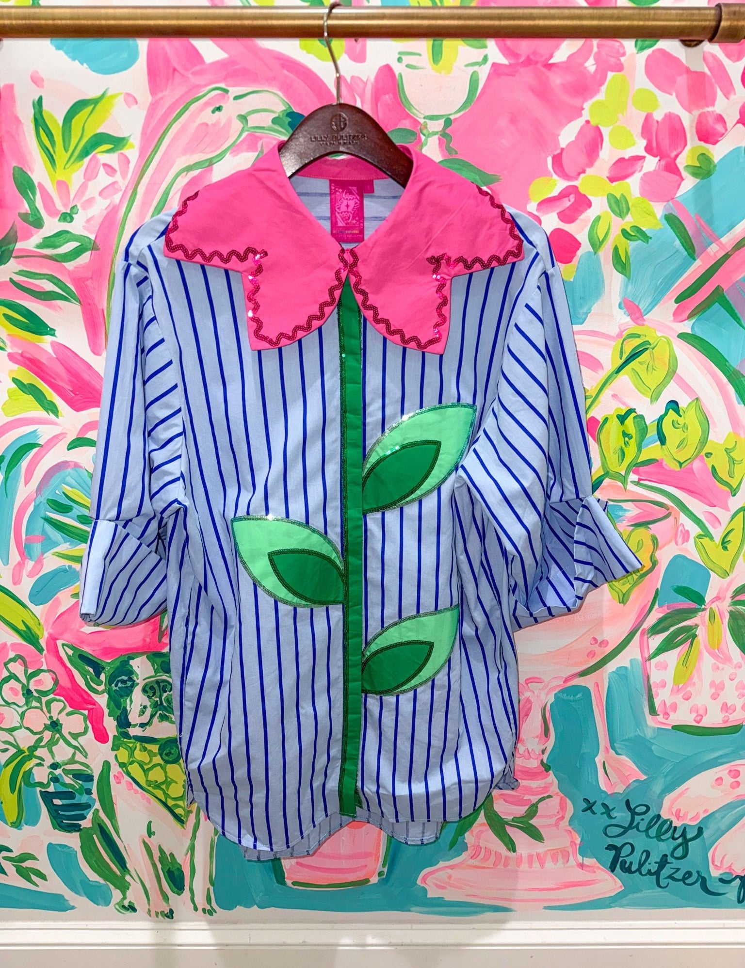 Pale Blue Striped Flower Collar Button Up Cotton TunicQueen of SparklesThe Printed Peach Savannah