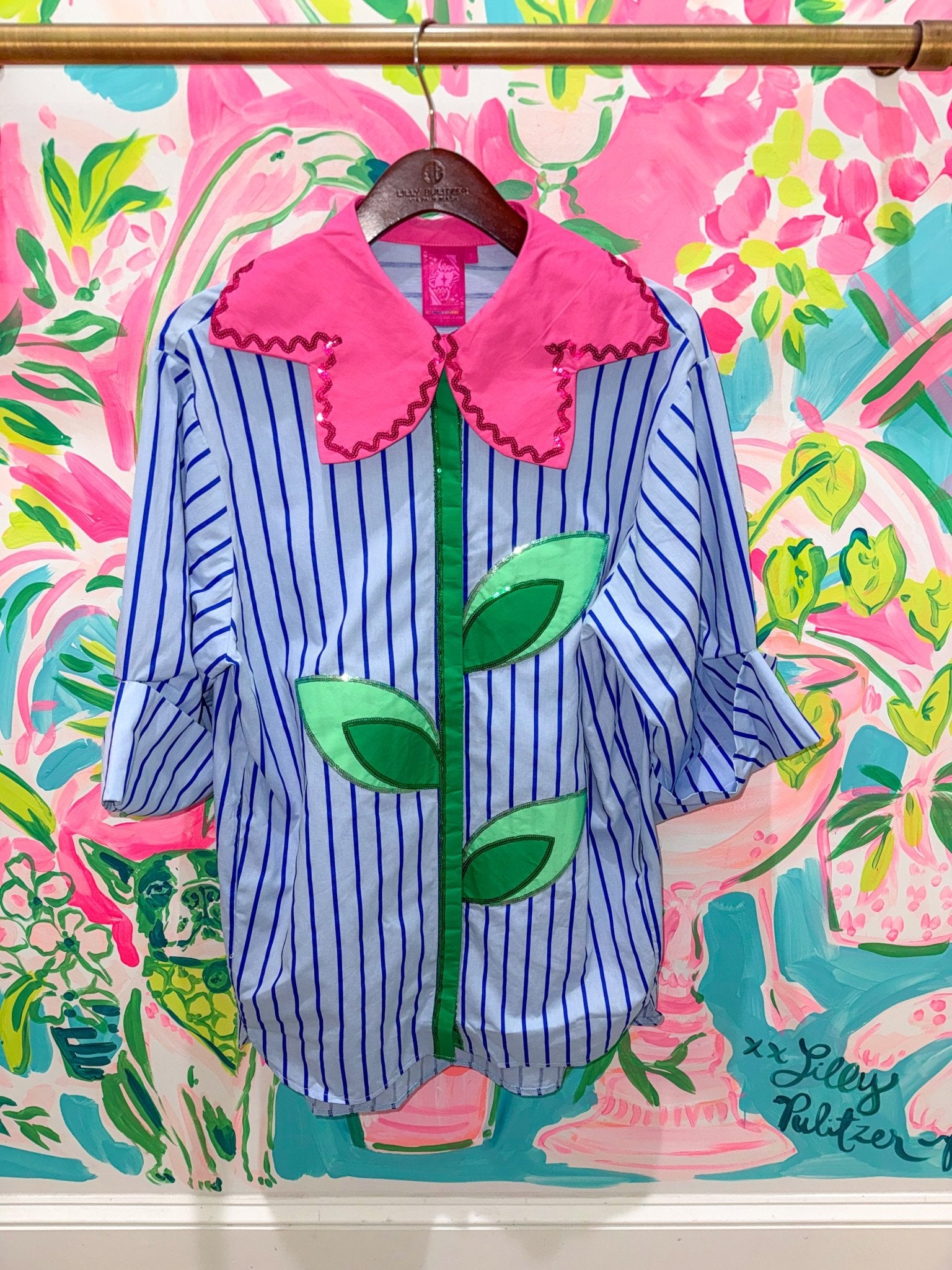 Pale Blue Striped Flower Collar Button Up Cotton TunicQueen of SparklesThe Printed Peach Savannah