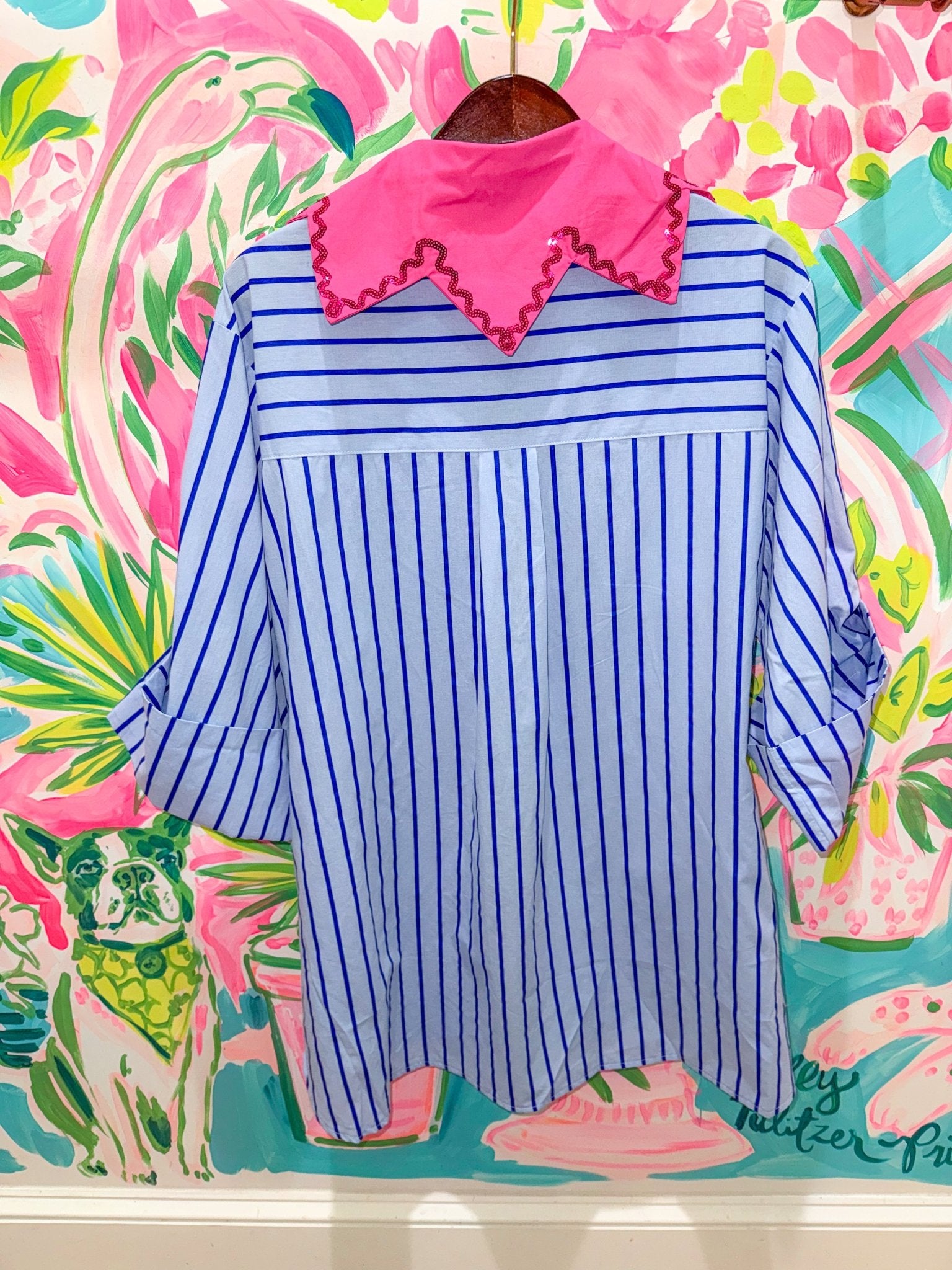 Pale Blue Striped Flower Collar Button Up Cotton TunicQueen of SparklesThe Printed Peach Savannah