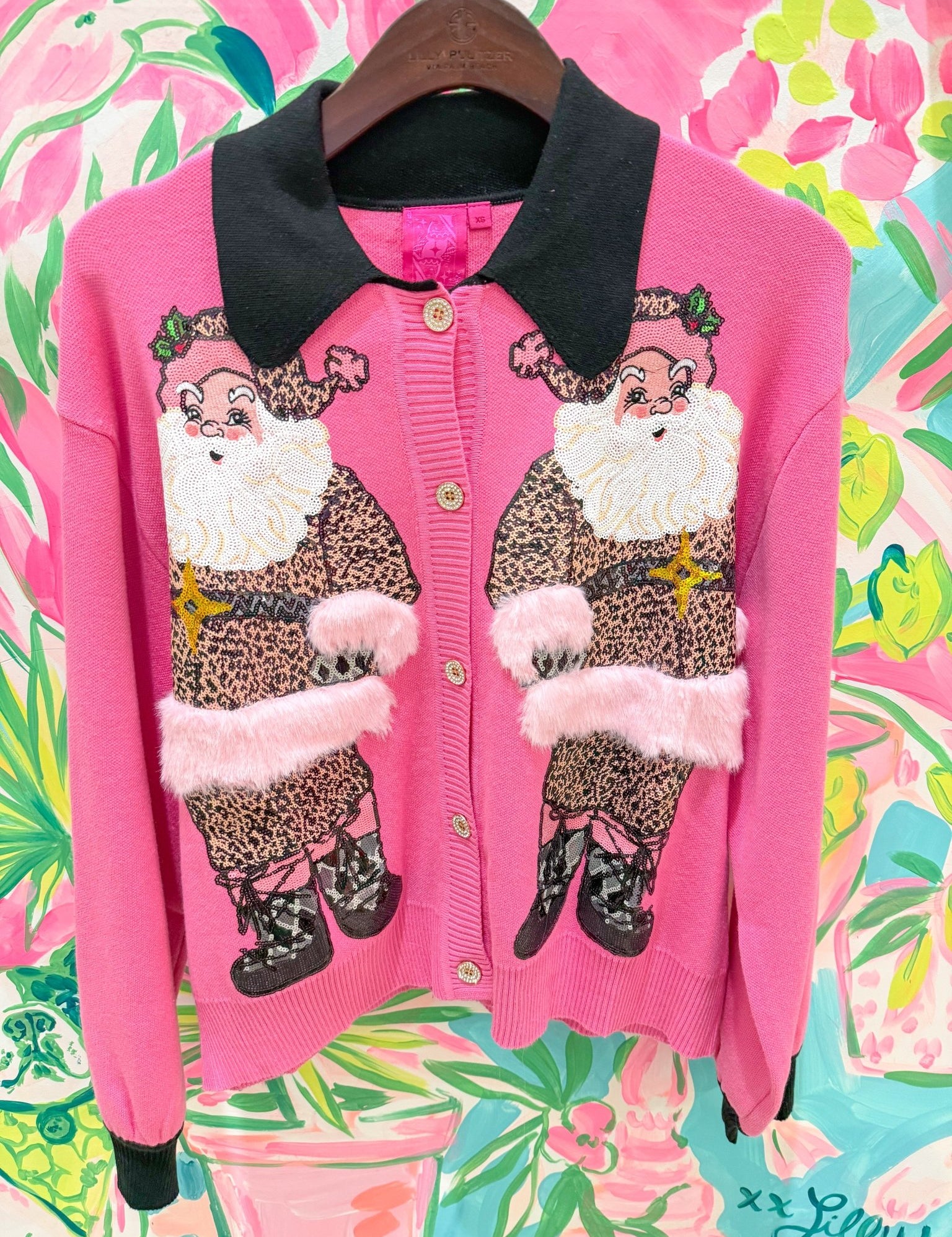 Pink & Black Collar Santa in Leopard Suit CardiganQueen of SparklesThe Printed Peach Savannah
