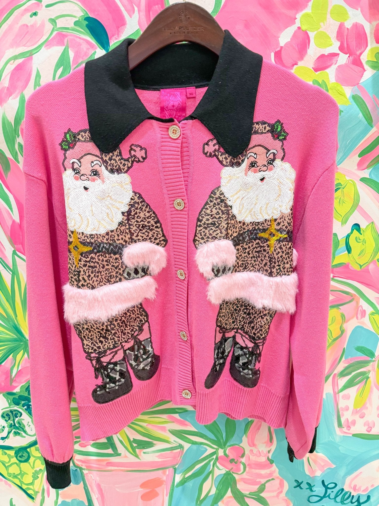 Pink & Black Collar Santa in Leopard Suit CardiganQueen of SparklesThe Printed Peach Savannah