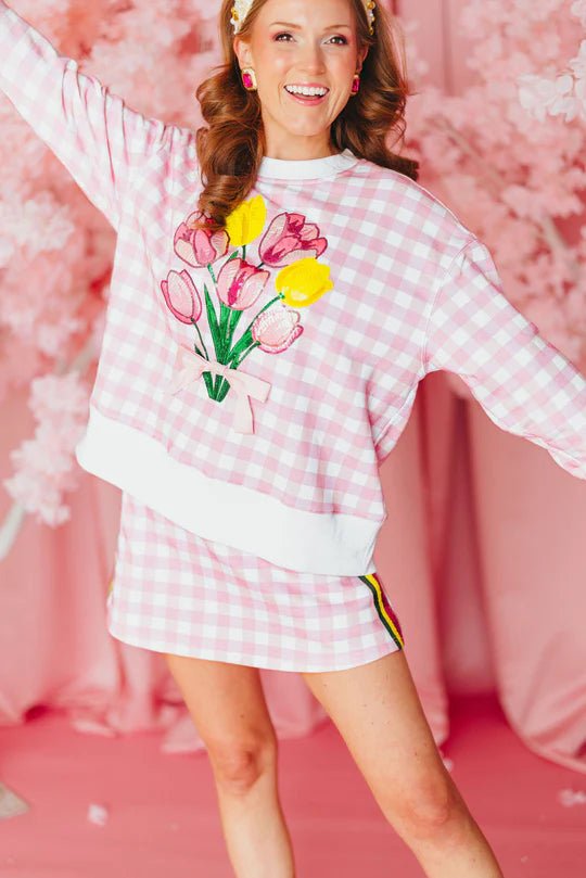 Pink Gingham Bouquet SweatshirtWomens - Tops - Sweatshirts & PopoversBrianna CannonThe Printed Peach Savannah