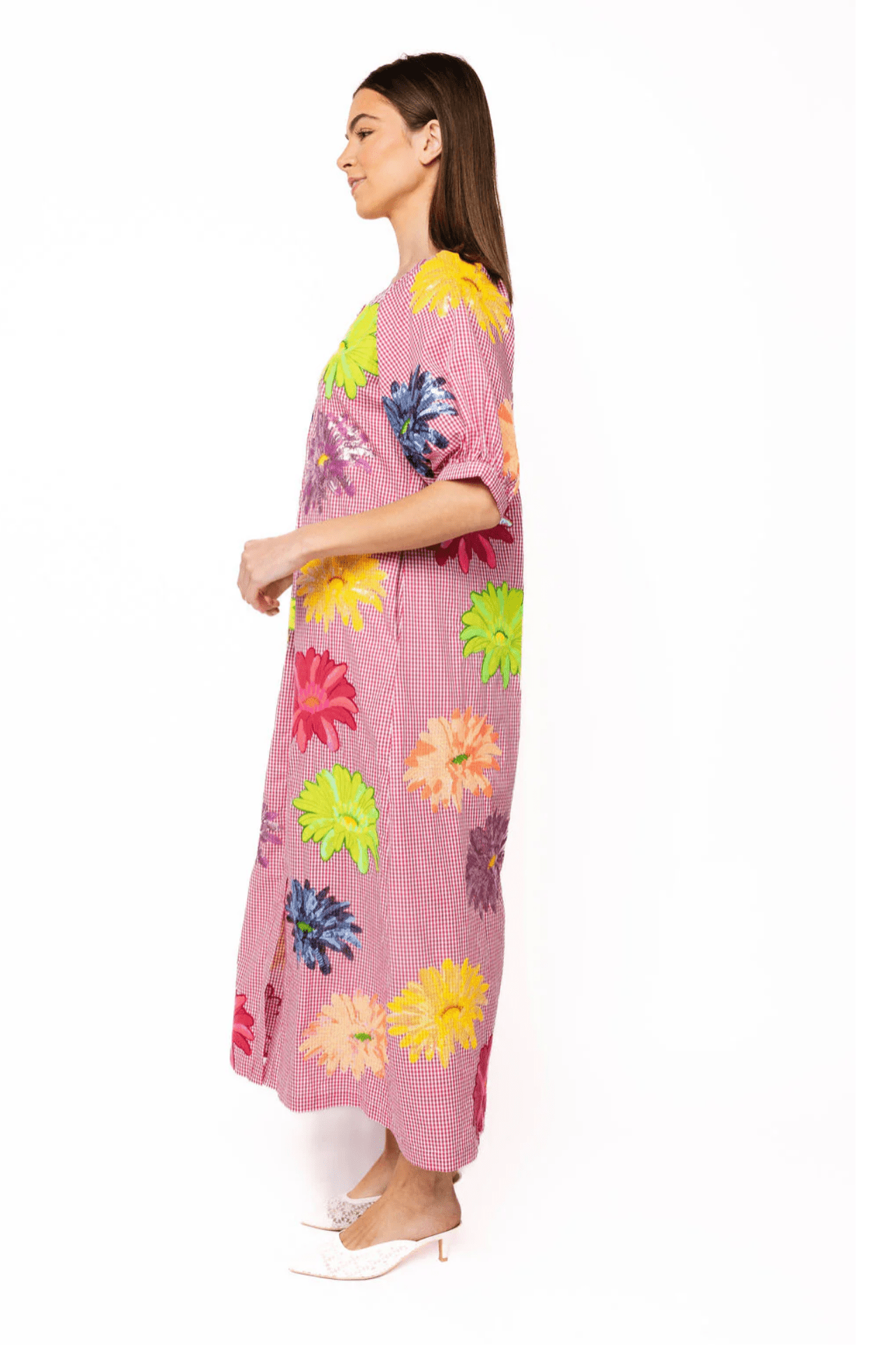 Pink Gingham Multi Flower Button Up Cotton Midi DressWomen - Dresses - A - Line/Easy DressesQueen of SparklesThe Printed Peach Savannah