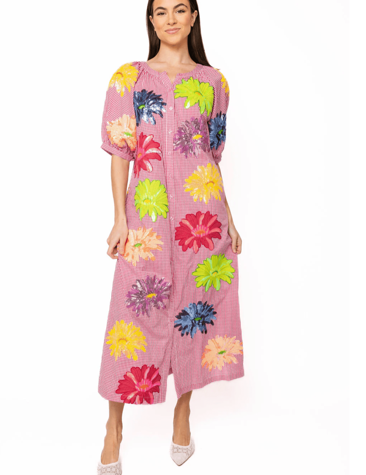 Pink Gingham Multi Flower Button Up Cotton Midi DressWomen - Dresses - A - Line/Easy DressesQueen of SparklesThe Printed Peach Savannah
