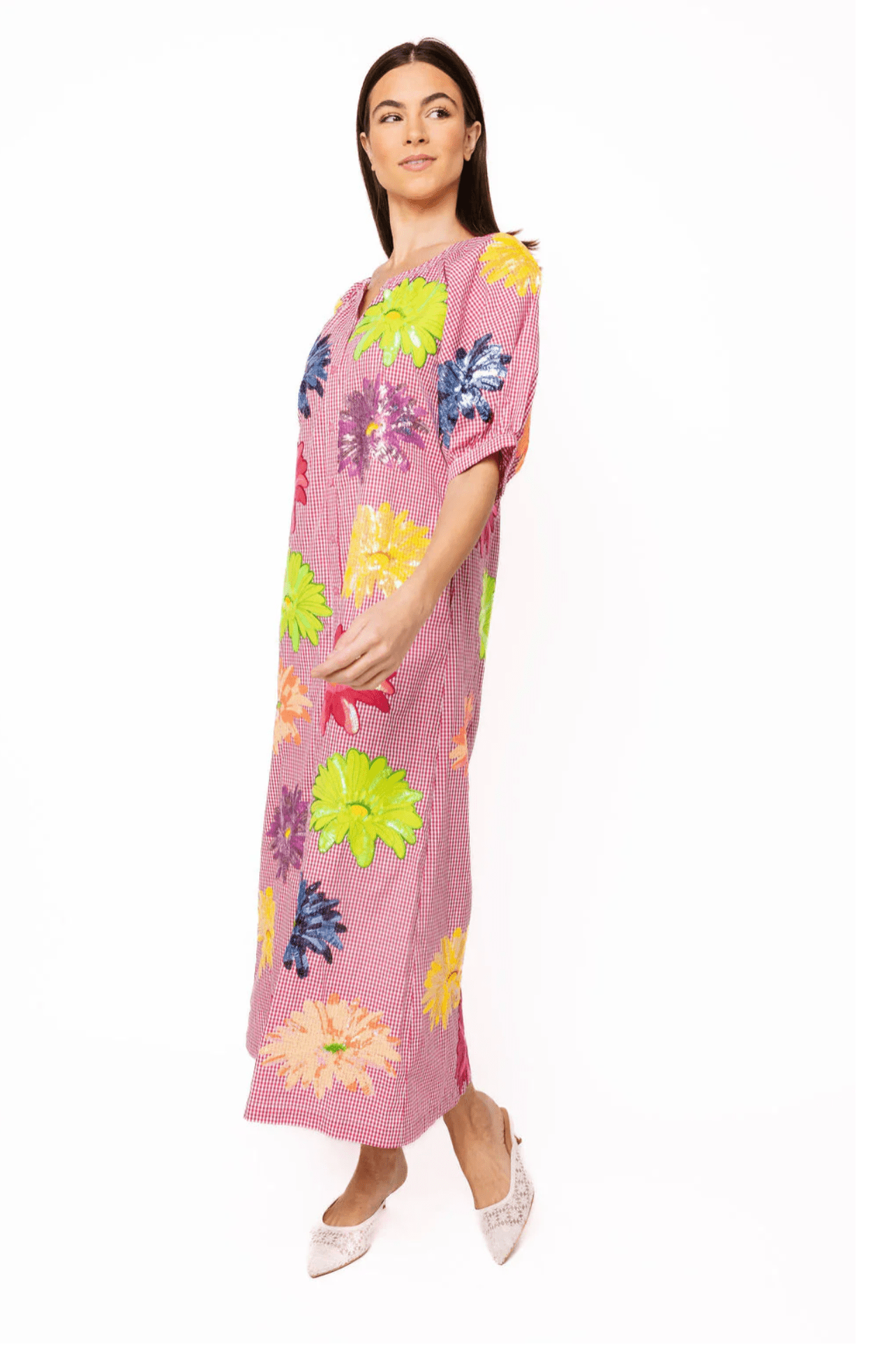 Pink Gingham Multi Flower Button Up Cotton Midi DressWomen - Dresses - A - Line/Easy DressesQueen of SparklesThe Printed Peach Savannah