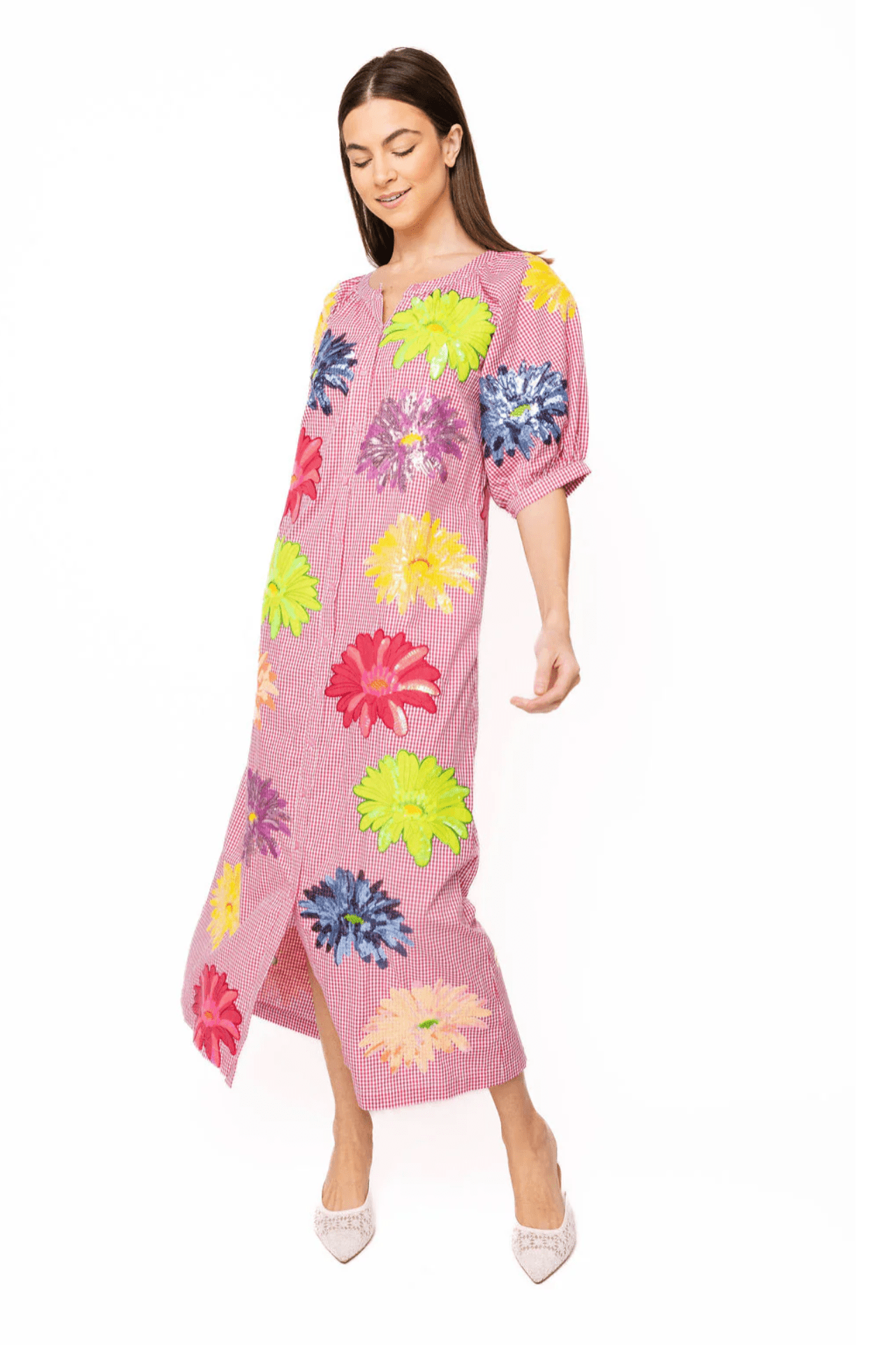 Pink Gingham Multi Flower Button Up Cotton Midi DressWomen - Dresses - A - Line/Easy DressesQueen of SparklesThe Printed Peach Savannah