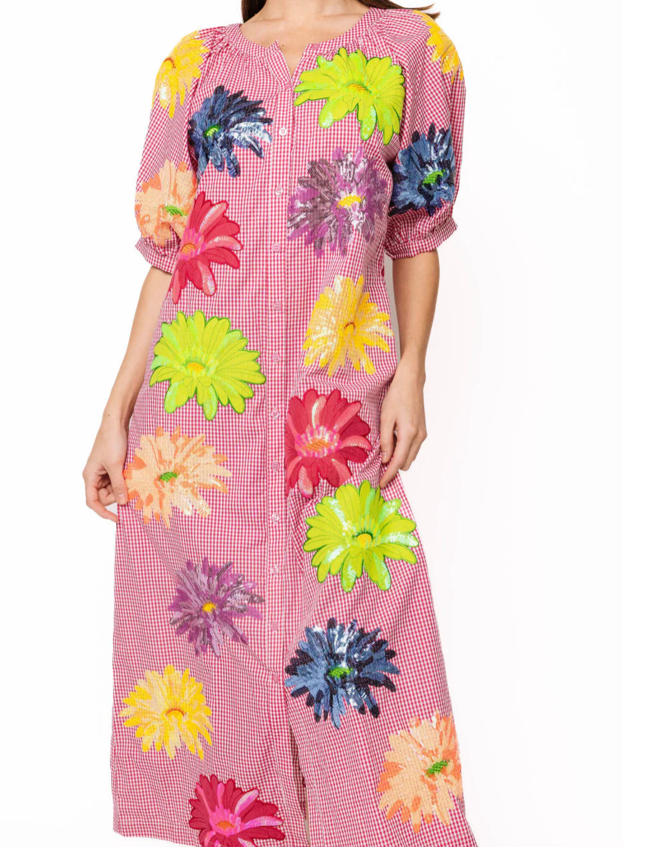 Pink Gingham Multi Flower Button Up Cotton Midi DressWomen - Dresses - A - Line/Easy DressesQueen of SparklesThe Printed Peach Savannah
