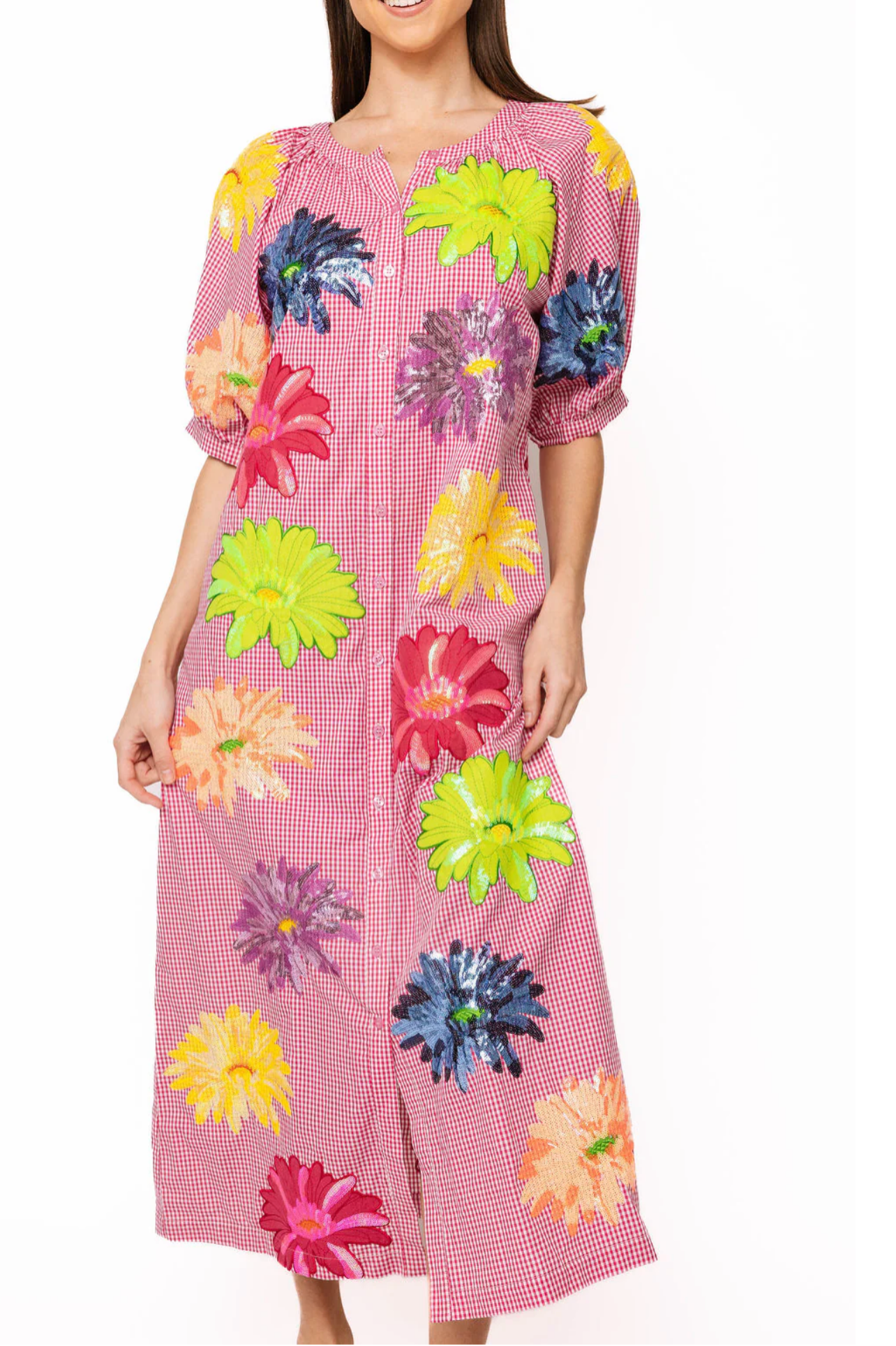 Pink Gingham Multi Flower Button Up Cotton Midi DressWomen - Dresses - A - Line/Easy DressesQueen of SparklesThe Printed Peach Savannah