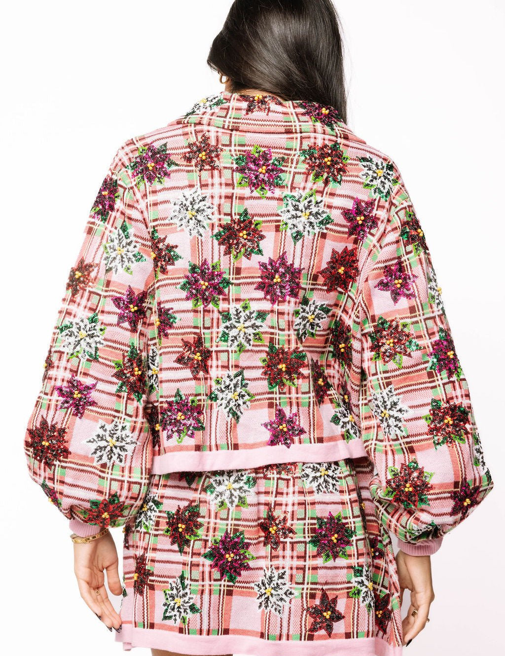 Pink Plaid Poinsettia Button Up Collar SweaterQueen of SparklesThe Printed Peach Savannah