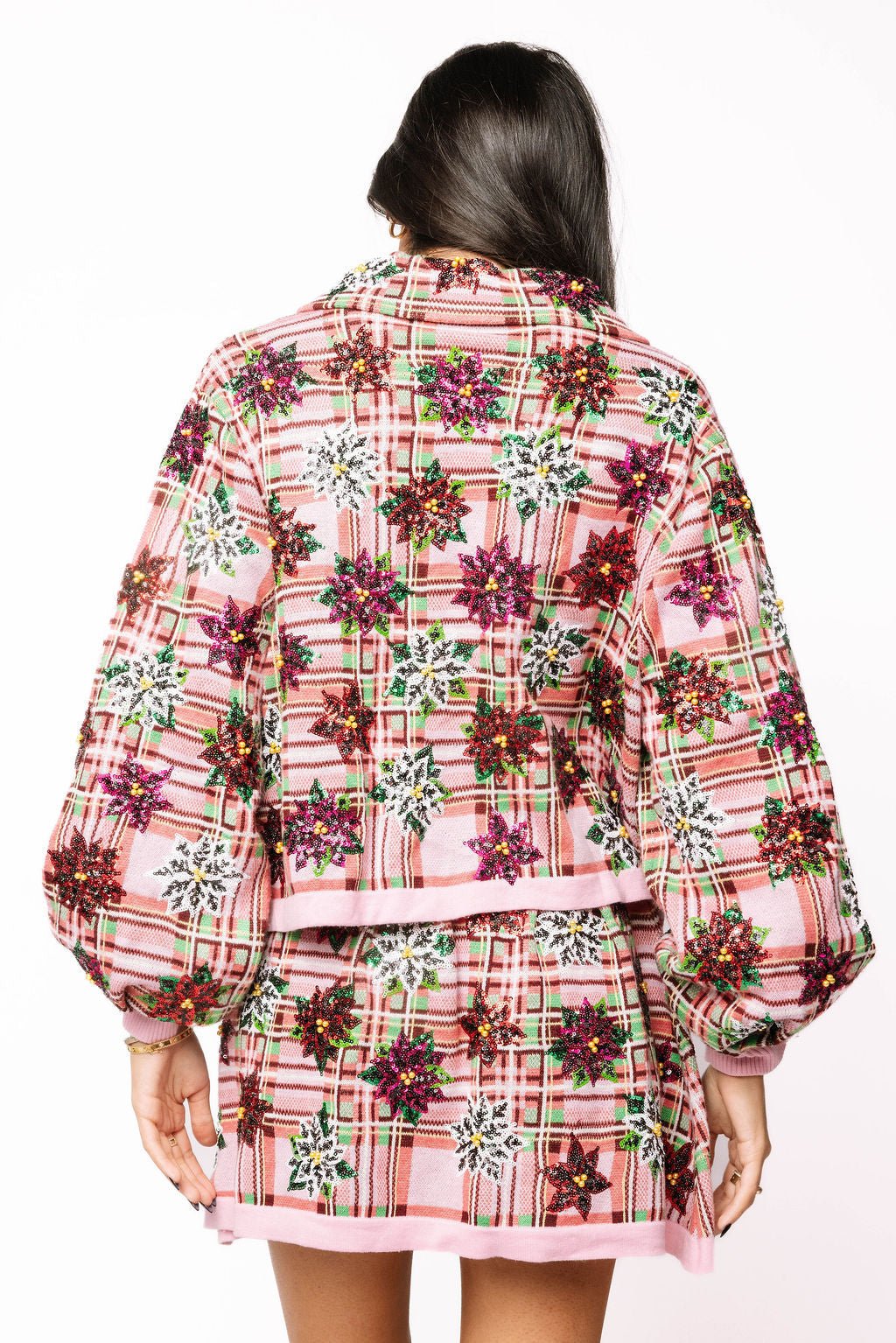 Pink Plaid Poinsettia Button Up Collar SweaterQueen of SparklesThe Printed Peach Savannah