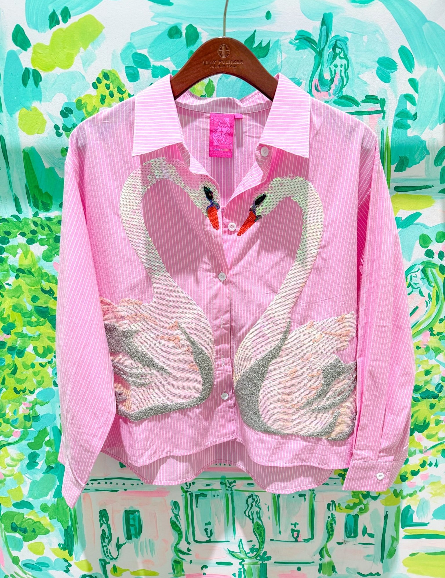 Pink Striped Sequin Swan Button Up Long Sleeve TopQueen of SparklesThe Printed Peach Savannah