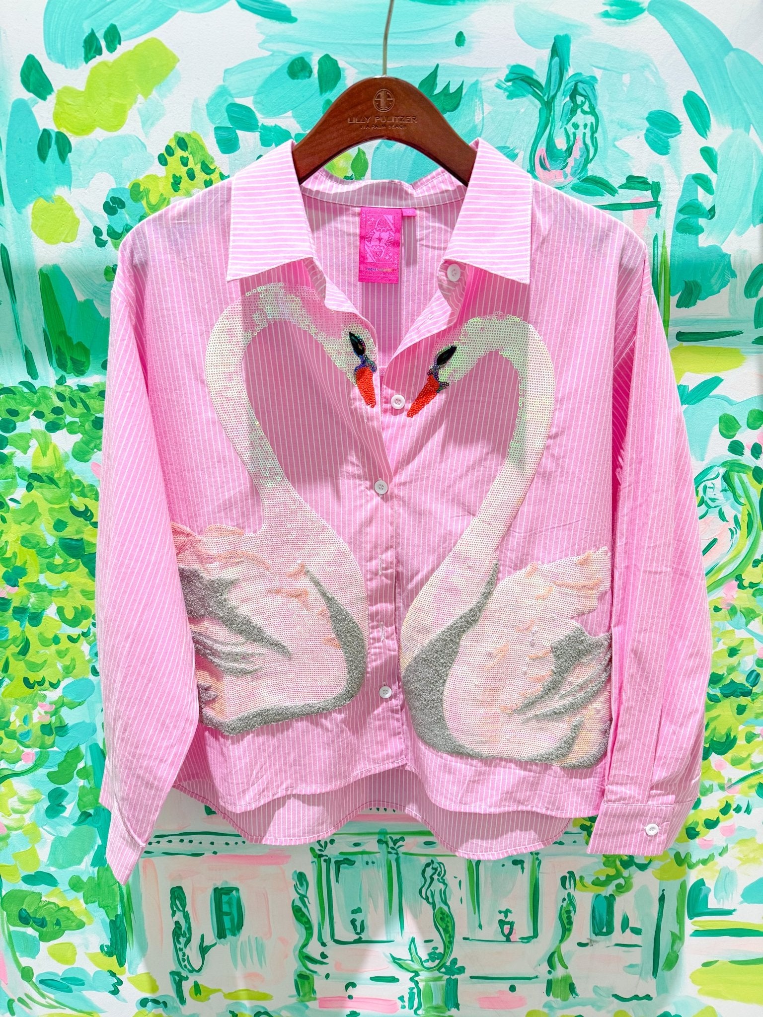 Pink Striped Sequin Swan Button Up Long Sleeve TopQueen of SparklesThe Printed Peach Savannah