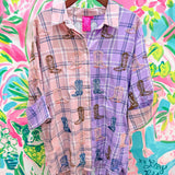 Purple & Pale Pink Colorblock Plaid Scattered Cowboy Boot Button Up TunicQueen of SparklesThe Printed Peach Savannah