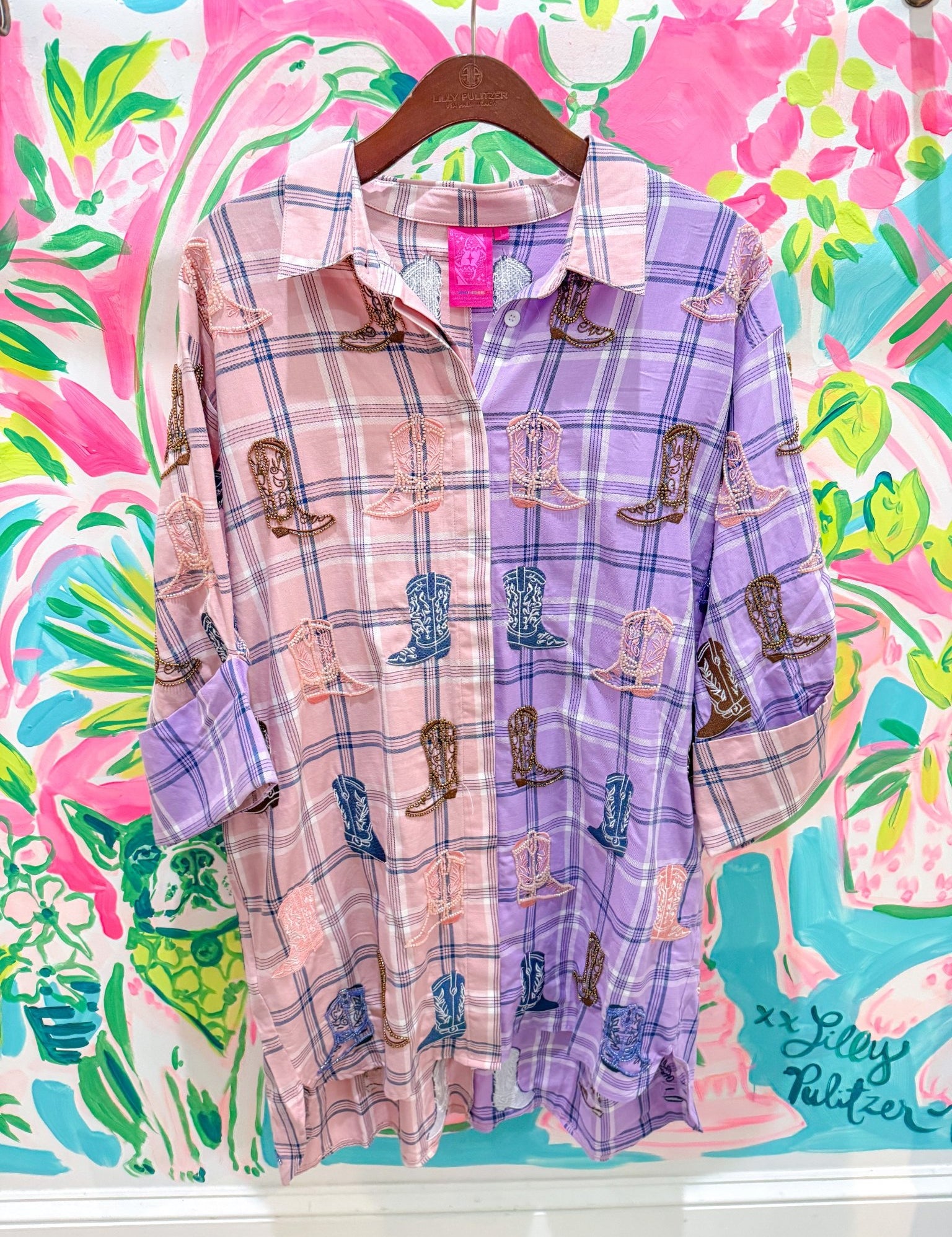 Purple & Pale Pink Colorblock Plaid Scattered Cowboy Boot Button Up TunicQueen of SparklesThe Printed Peach Savannah