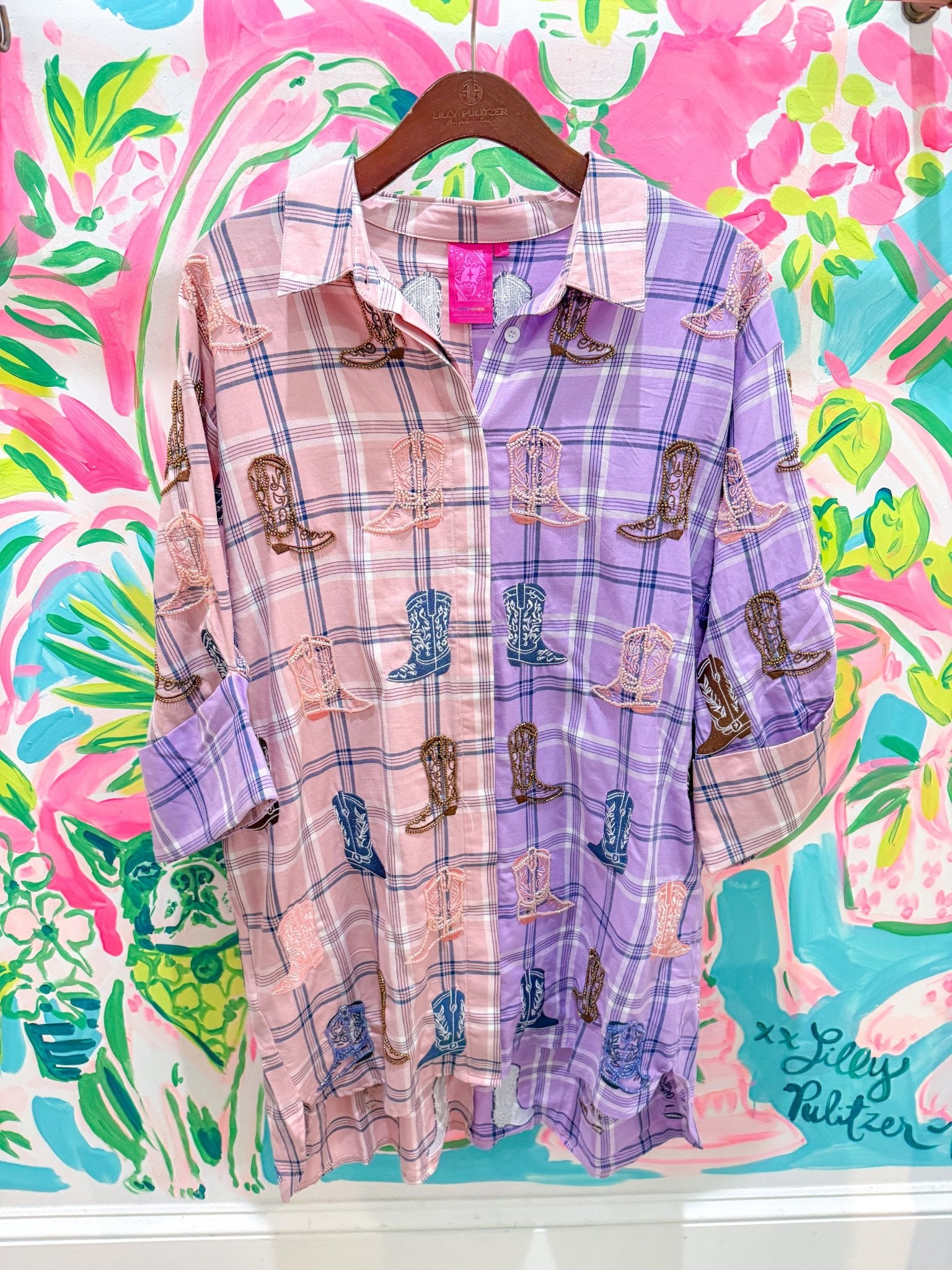 Purple & Pale Pink Colorblock Plaid Scattered Cowboy Boot Button Up TunicQueen of SparklesThe Printed Peach Savannah