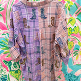 Purple & Pale Pink Colorblock Plaid Scattered Cowboy Boot Button Up TunicQueen of SparklesThe Printed Peach Savannah