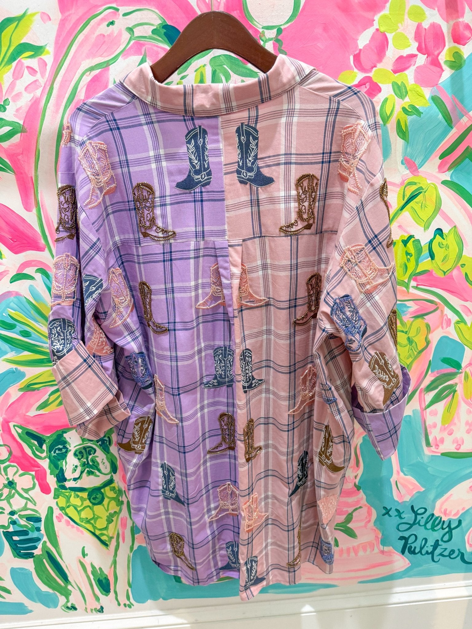 Purple & Pale Pink Colorblock Plaid Scattered Cowboy Boot Button Up TunicQueen of SparklesThe Printed Peach Savannah