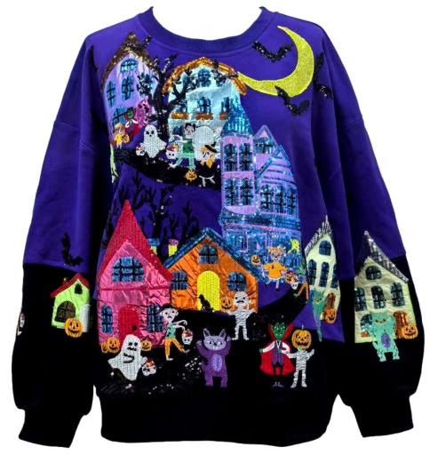 Purple Trick Or Treat Halloween Scene SweatshirtQueen of SparklesThe Printed Peach Savannah