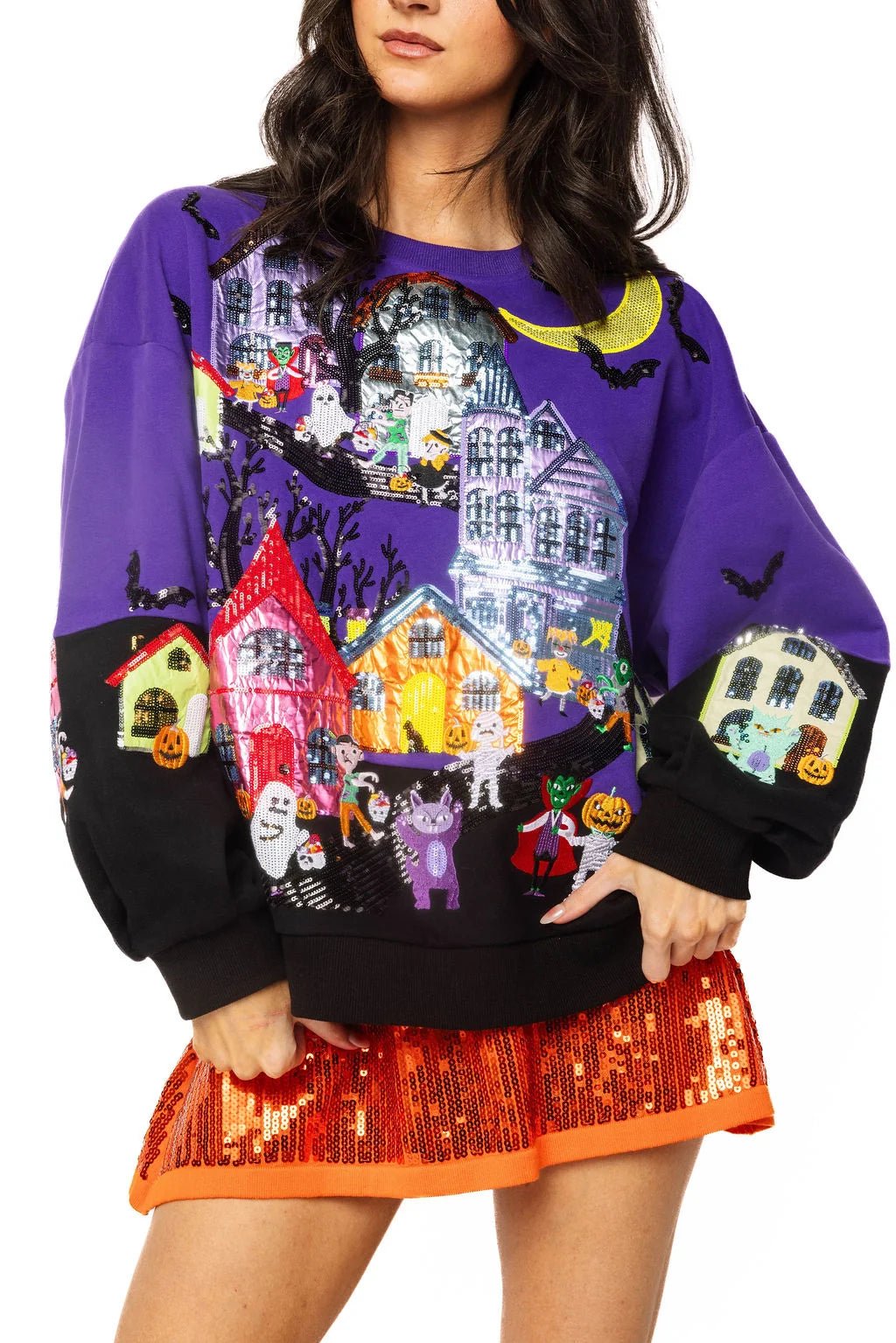 Purple Trick Or Treat Halloween Scene SweatshirtQueen of SparklesThe Printed Peach Savannah
