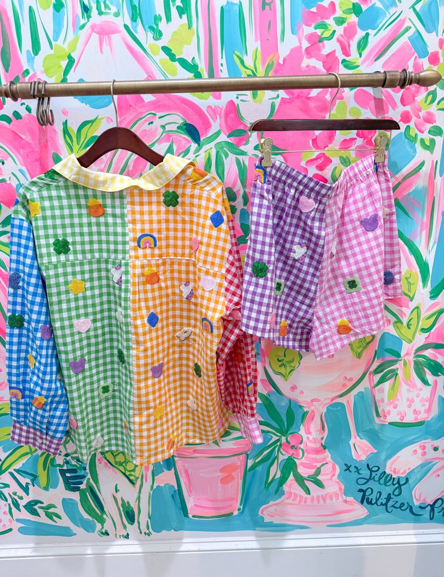 Rainbow Gingham Colorblock Lucky Charms Cotton ShortQueen of SparklesThe Printed Peach Savannah