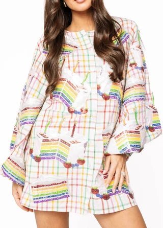 Rainbow Plaid Birthday Cake Button Up Cotton DressWomen - Dresses - Straight DressesQueen of SparklesThe Printed Peach Savannah