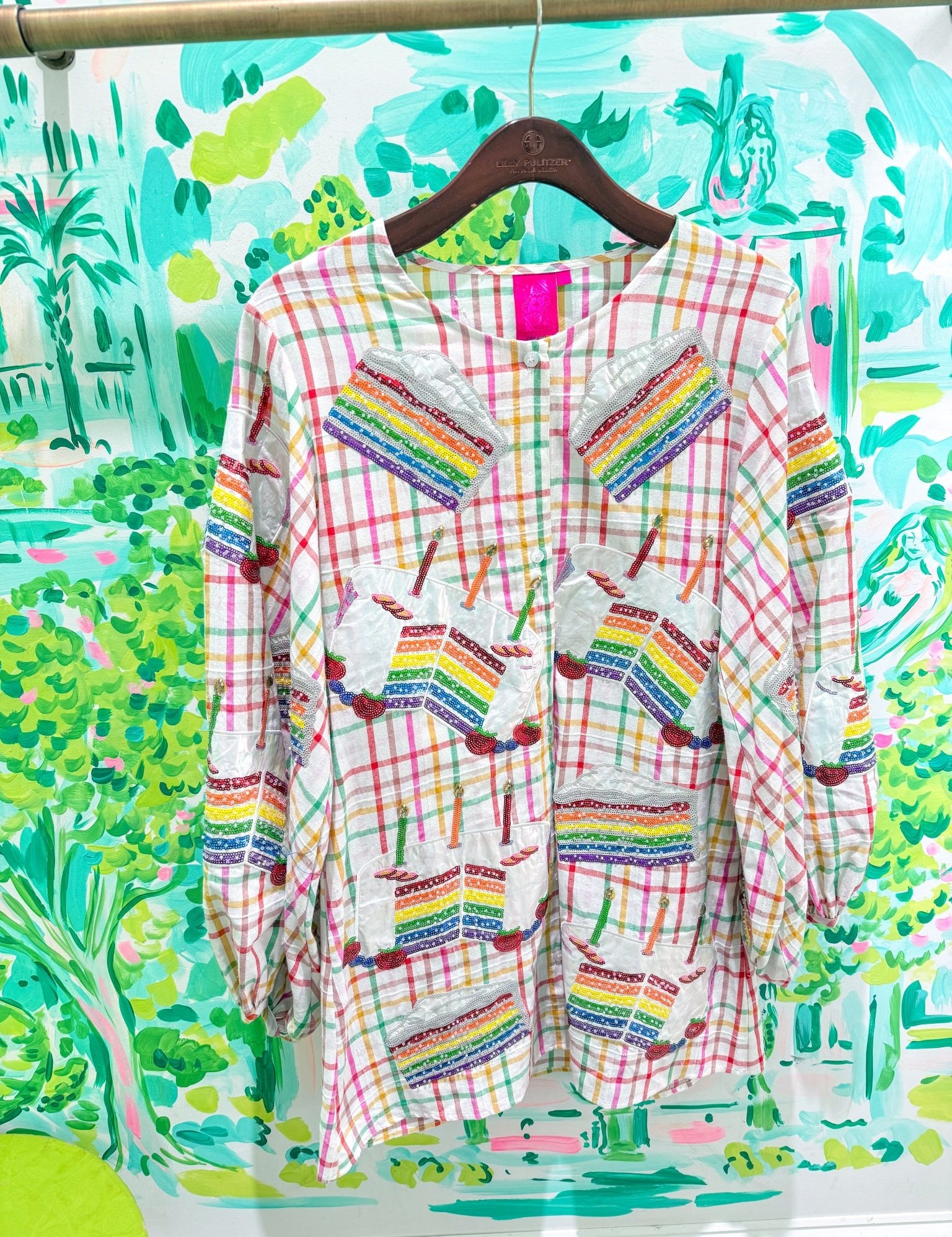 Rainbow Plaid Birthday Cake Button Up Cotton DressQueen of SparklesThe Printed Peach Savannah