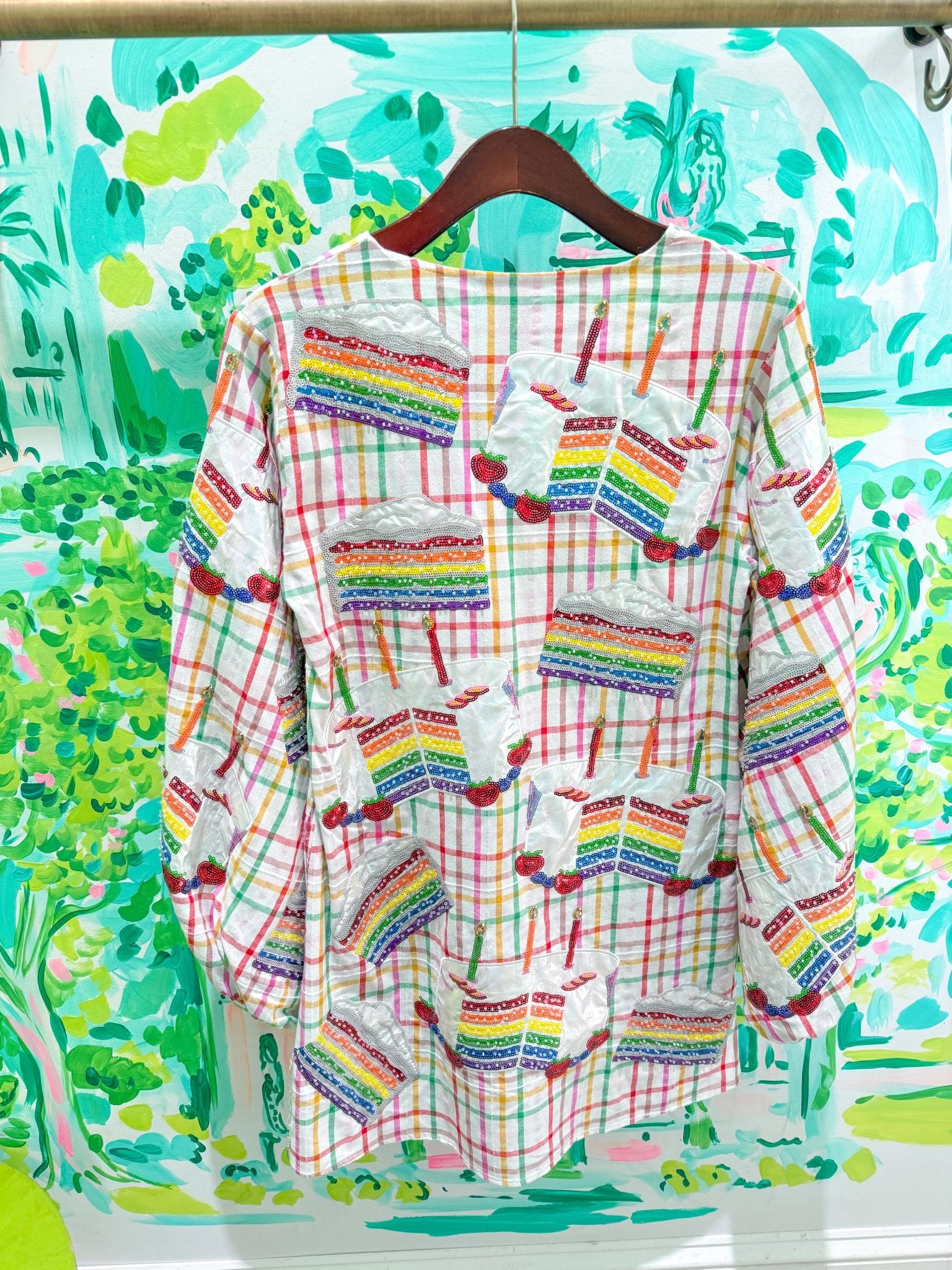 Rainbow Plaid Birthday Cake Button Up Cotton DressQueen of SparklesThe Printed Peach Savannah