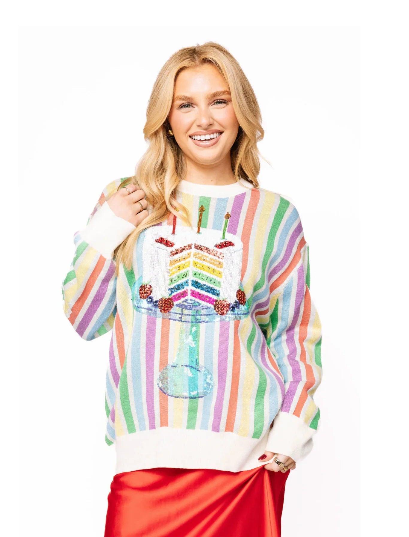 Rainbow Stripe Birthday Cake SweaterWomen - Sweaters & Cardigans - Pullover SweatersLILLY PULITZERThe Printed Peach Savannah