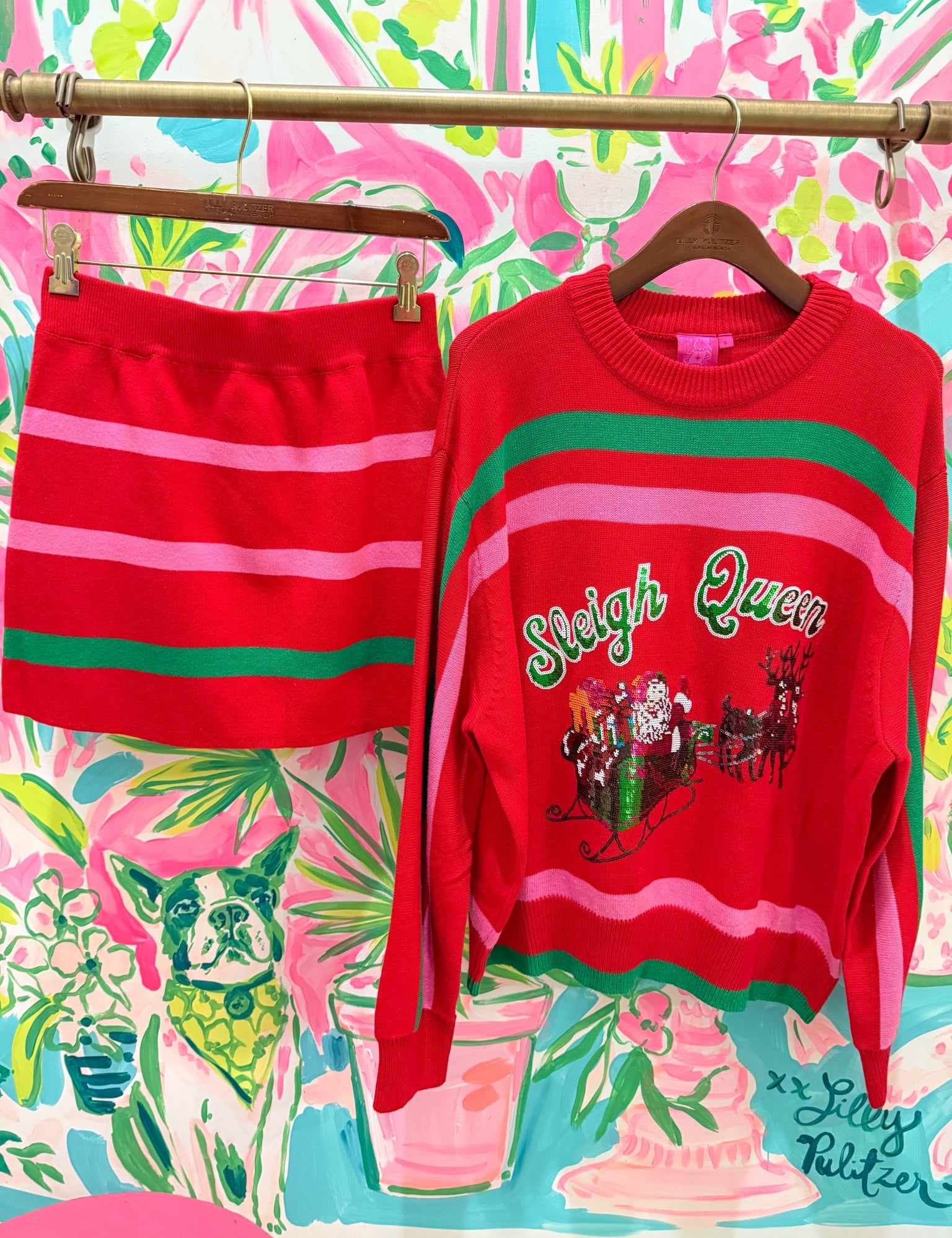 Red, Green & Pink 'Sleigh Queen' Stripe Sweater and Skirt SetQueen of SparklesThe Printed Peach Savannah