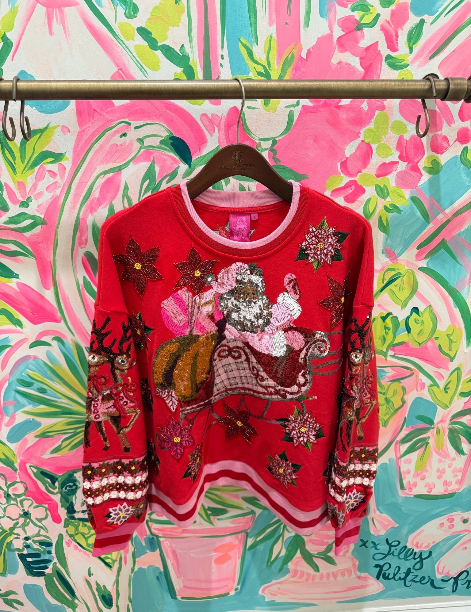 Red & Pink Vintage Poinsettia Santa SweatshirtWomens - Tops - Sweatshirts & PopoversQueen of SparklesThe Printed Peach Savannah