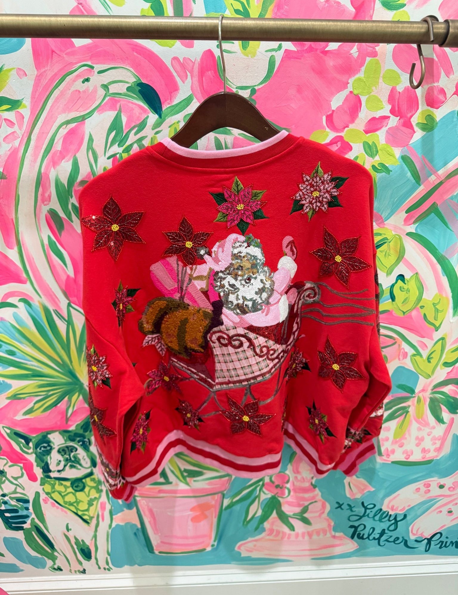 Red & Pink Vintage Poinsettia Santa SweatshirtWomens - Tops - Sweatshirts & PopoversQueen of SparklesThe Printed Peach Savannah