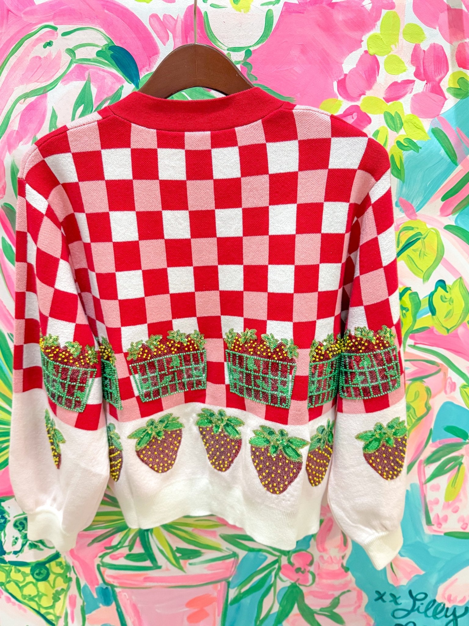 Red & White Checkered Strawberry Button Up CardiganQueen of SparklesThe Printed Peach Savannah