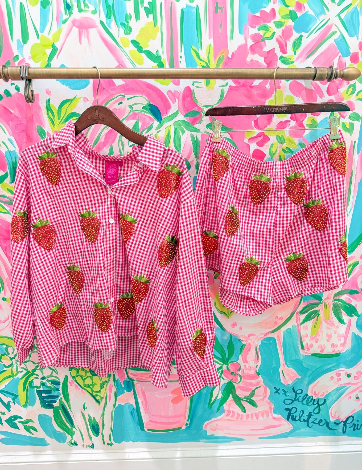 Red & White Gingham Beaded Strawberry ShortWomen - Bottoms - ShortsQueen of SparklesThe Printed Peach Savannah