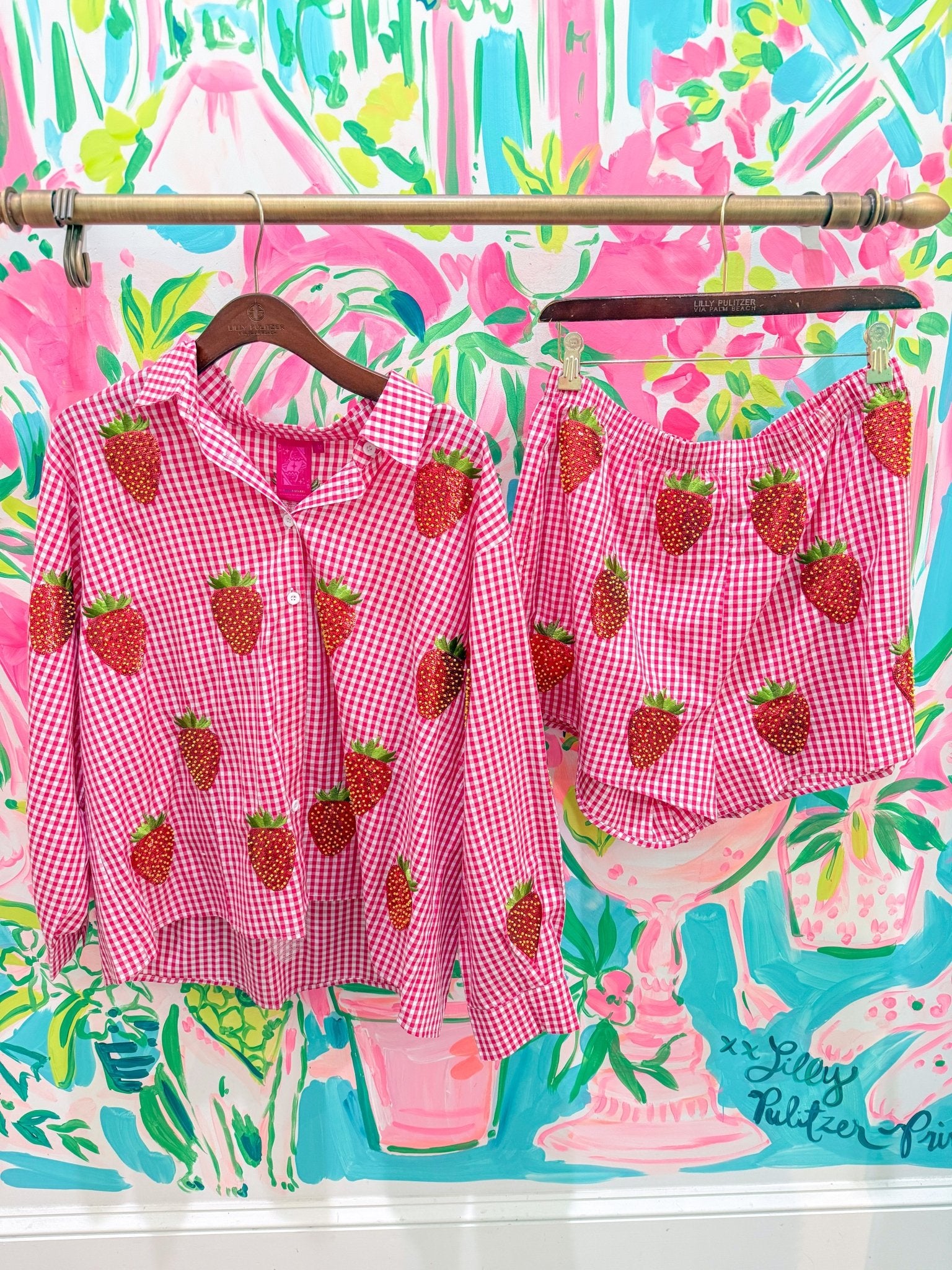 Red & White Gingham Beaded Strawberry ShortWomen - Bottoms - ShortsQueen of SparklesThe Printed Peach Savannah