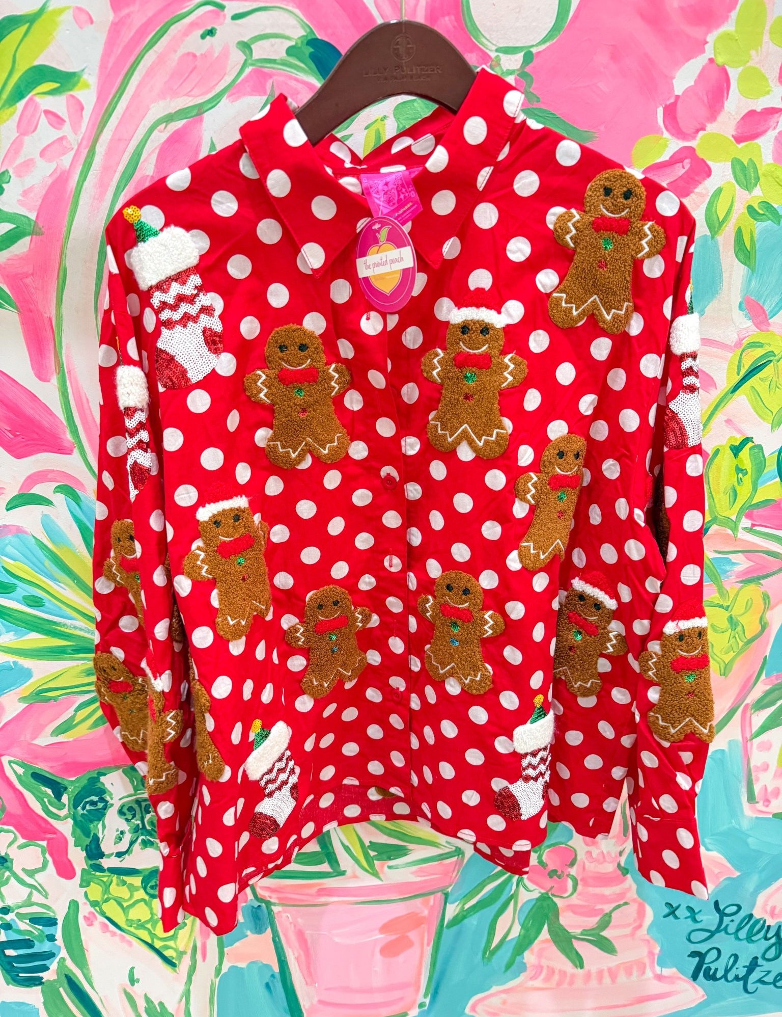 Red & White Polka Dot Gingerbread Man & Stocking Cotton TopQueen of SparklesThe Printed Peach Savannah