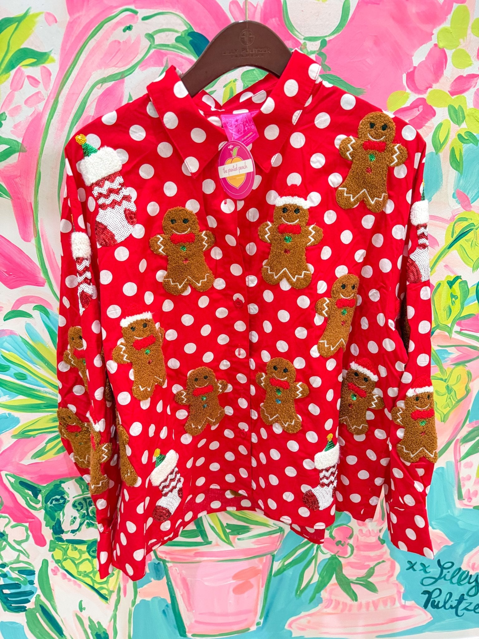 Red & White Polka Dot Gingerbread Man & Stocking Cotton TopQueen of SparklesThe Printed Peach Savannah