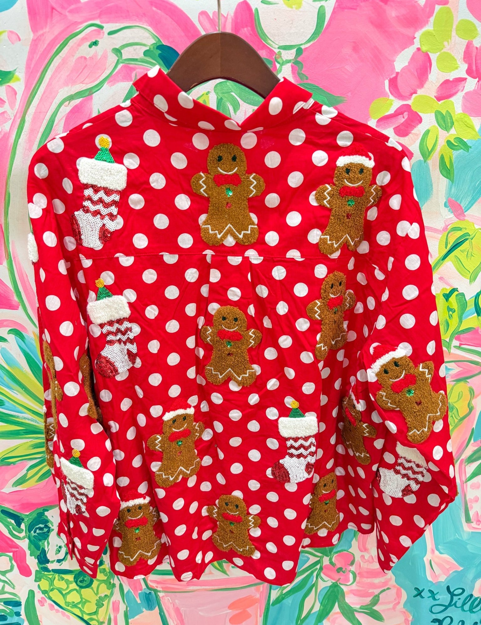 Red & White Polka Dot Gingerbread Man & Stocking Cotton TopQueen of SparklesThe Printed Peach Savannah