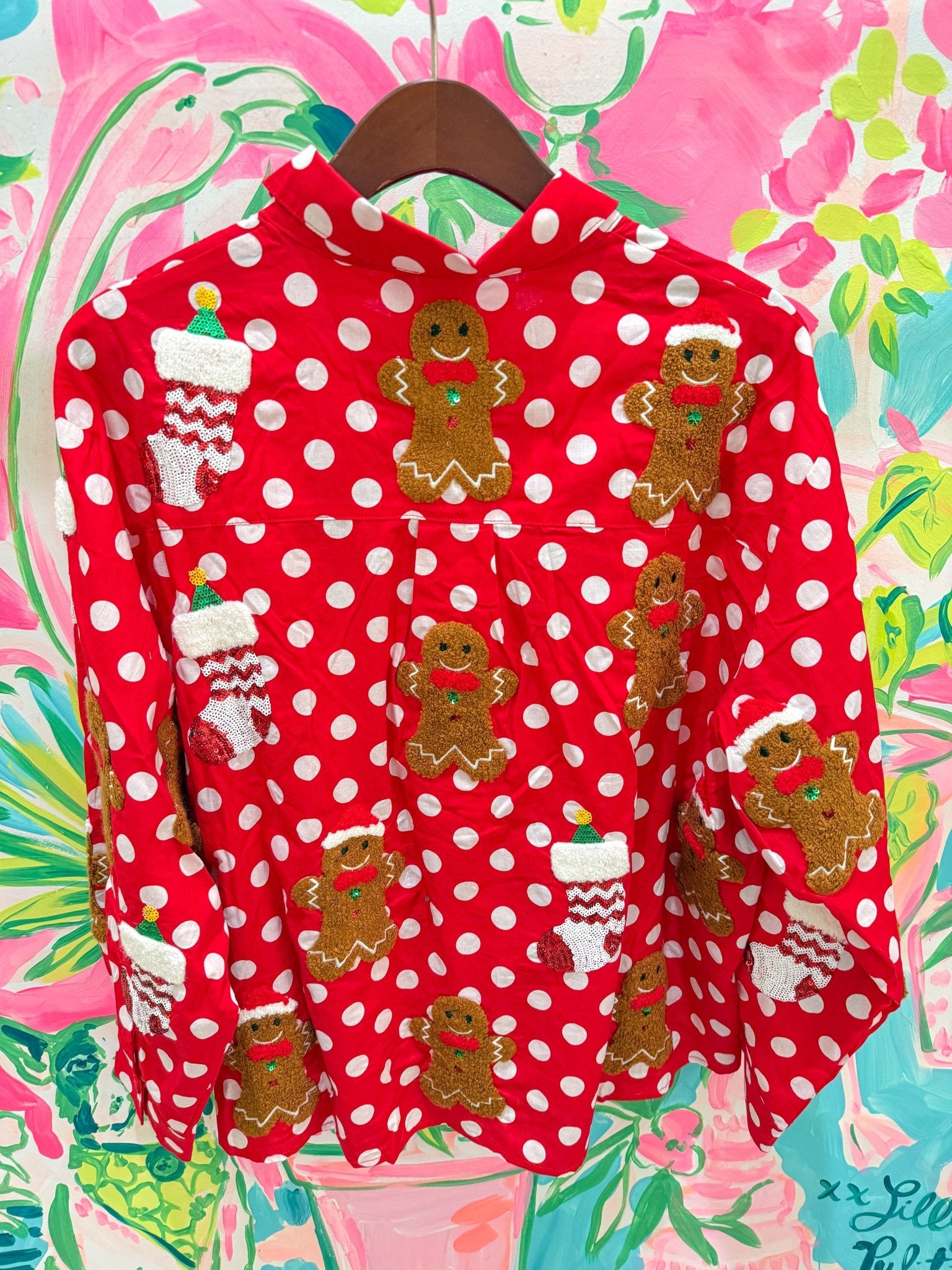 Red & White Polka Dot Gingerbread Man & Stocking Cotton TopQueen of SparklesThe Printed Peach Savannah