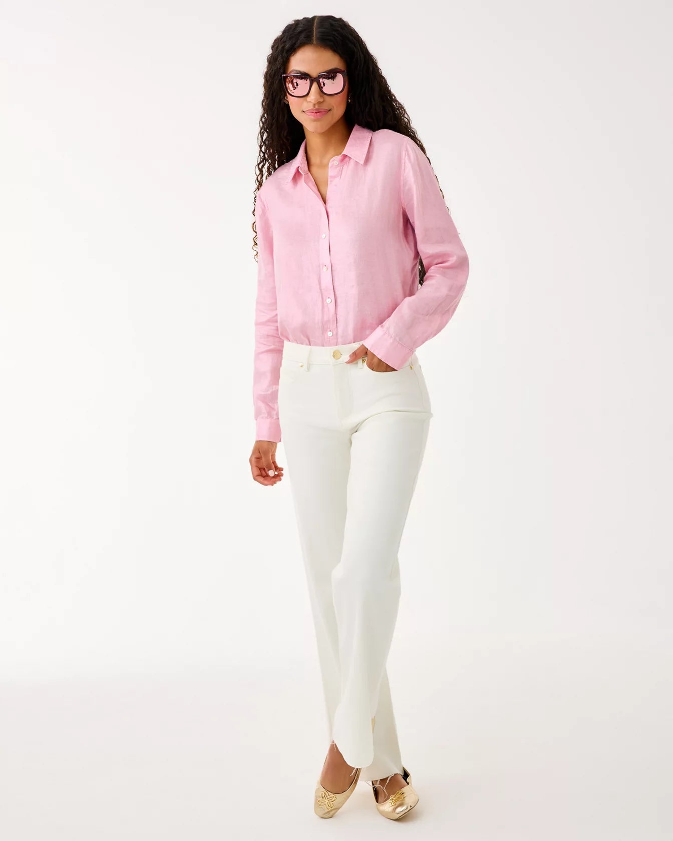 Sea View Metallic Linen Button DownWomen - Tops - Tunics & ShirtsLILLY PULITZERThe Printed Peach Savannah