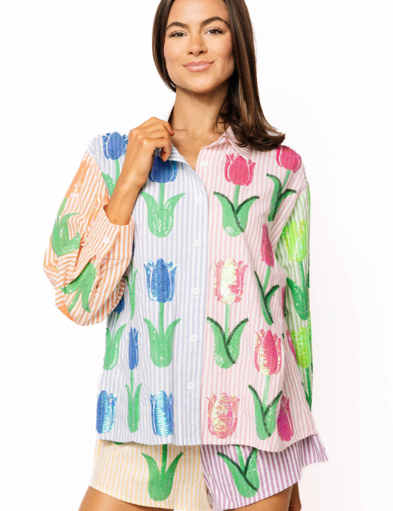 Striped Colorblock Sequin Tulip Cotton ShortWomen - Bottoms - ShortsQueen of SparklesThe Printed Peach Savannah